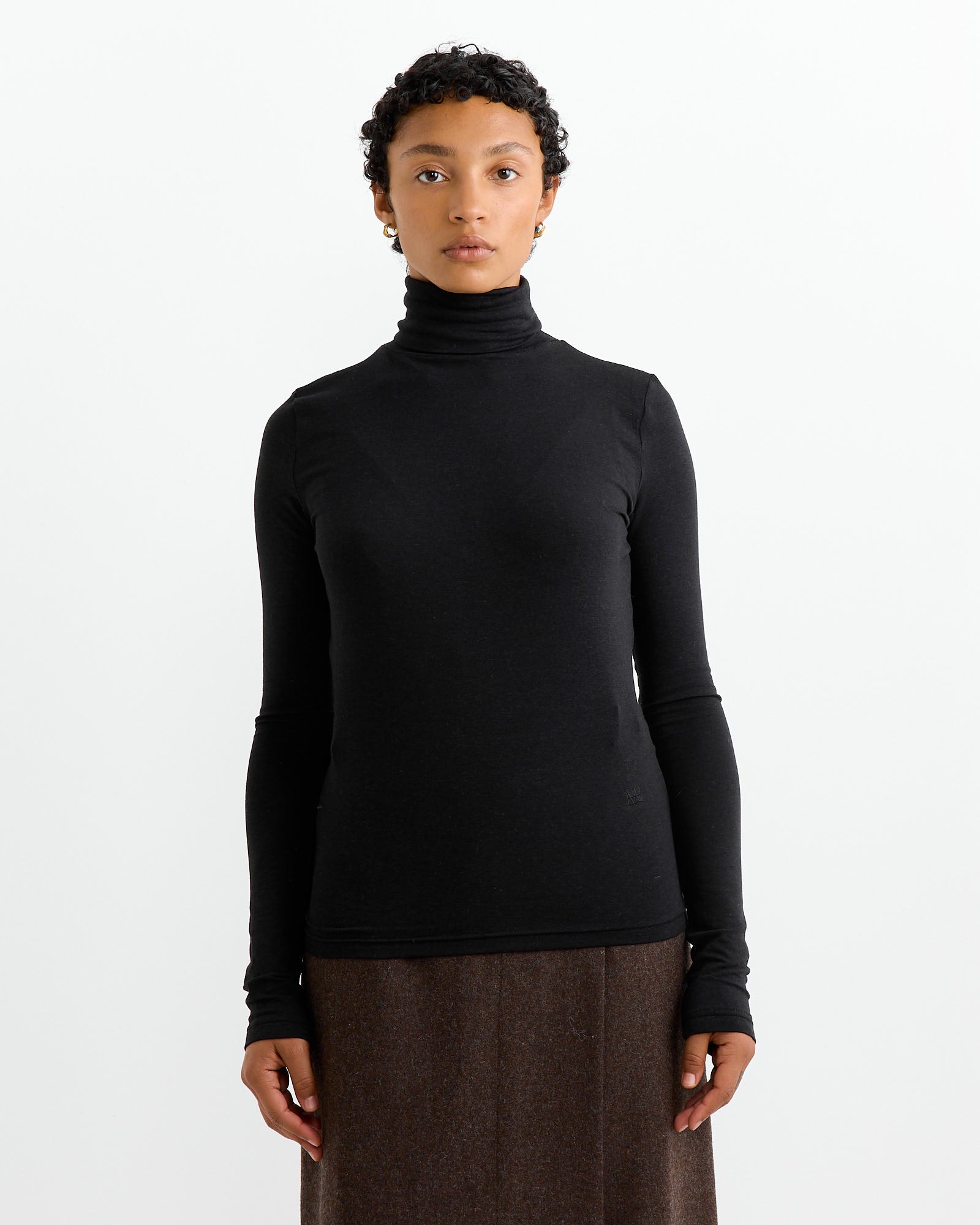 Roll Neck Jersey Top in Black