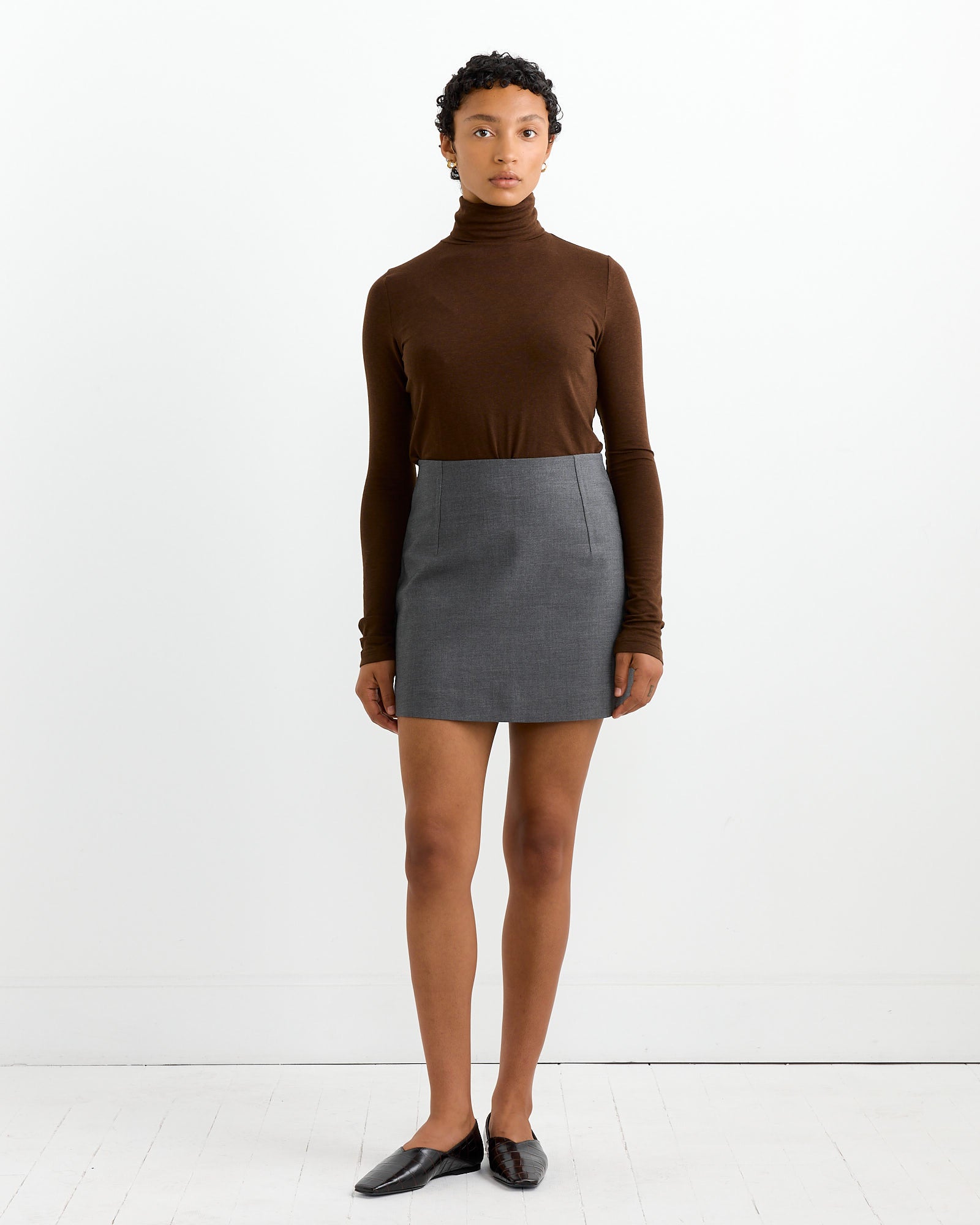 Roll Neck Jersey Top in Dark Brown