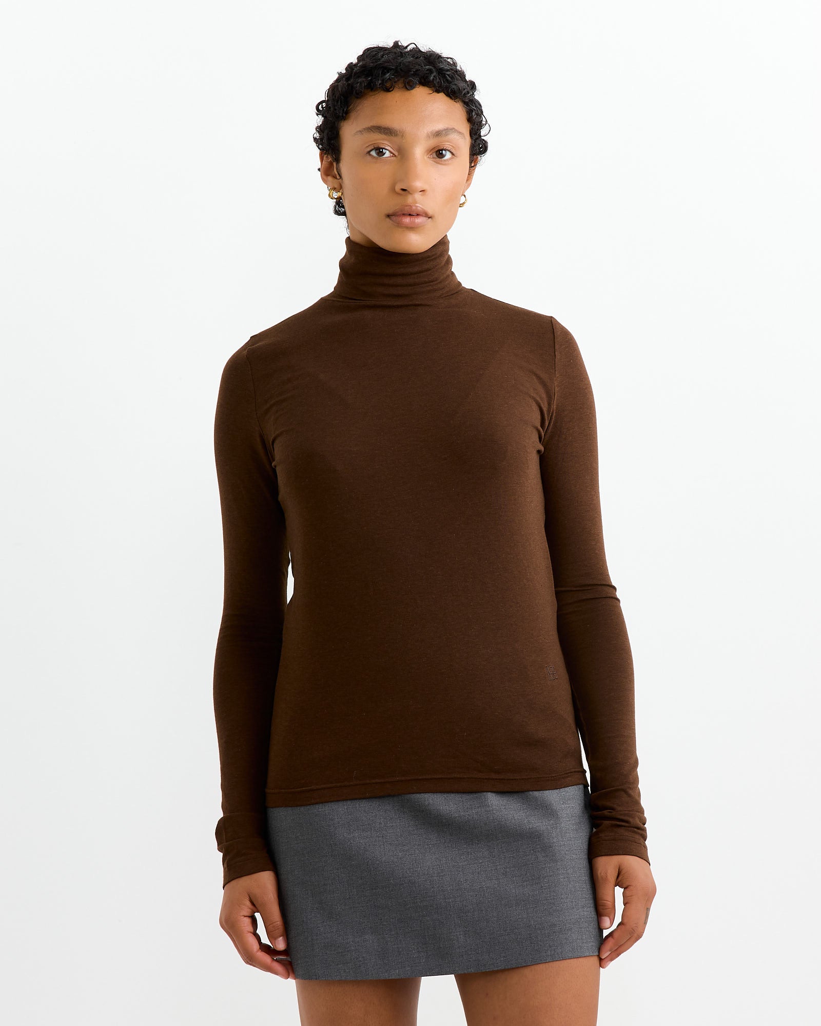 Roll Neck Jersey Top in Dark Brown