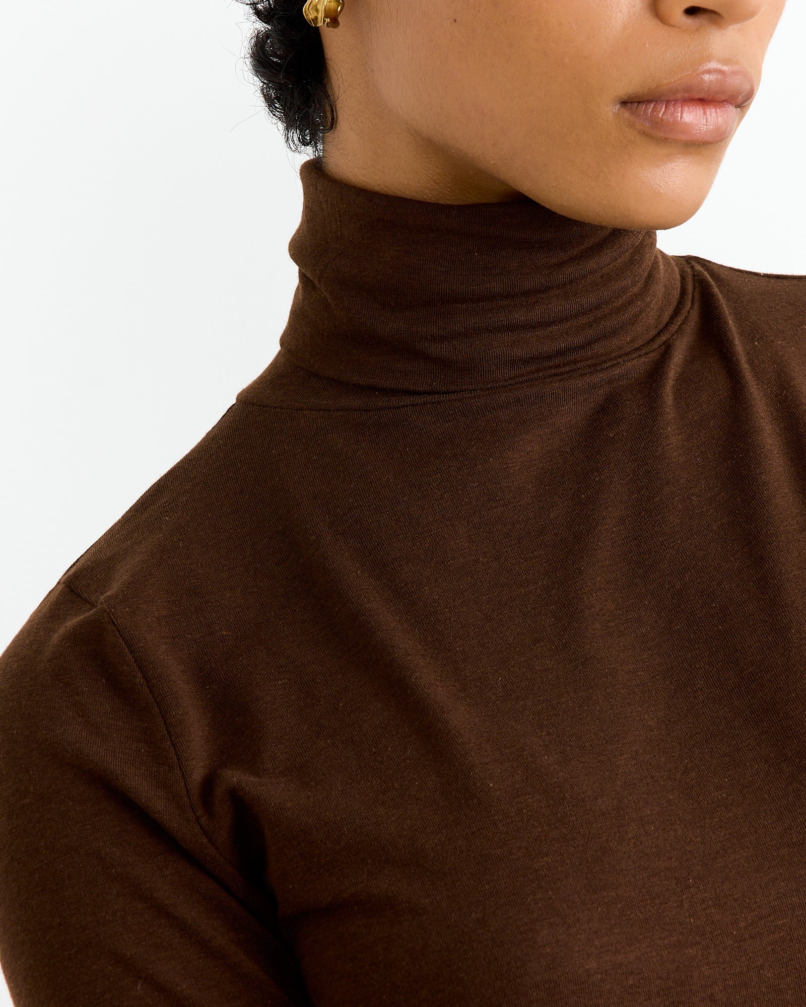 Roll Neck Jersey Top in Dark Brown