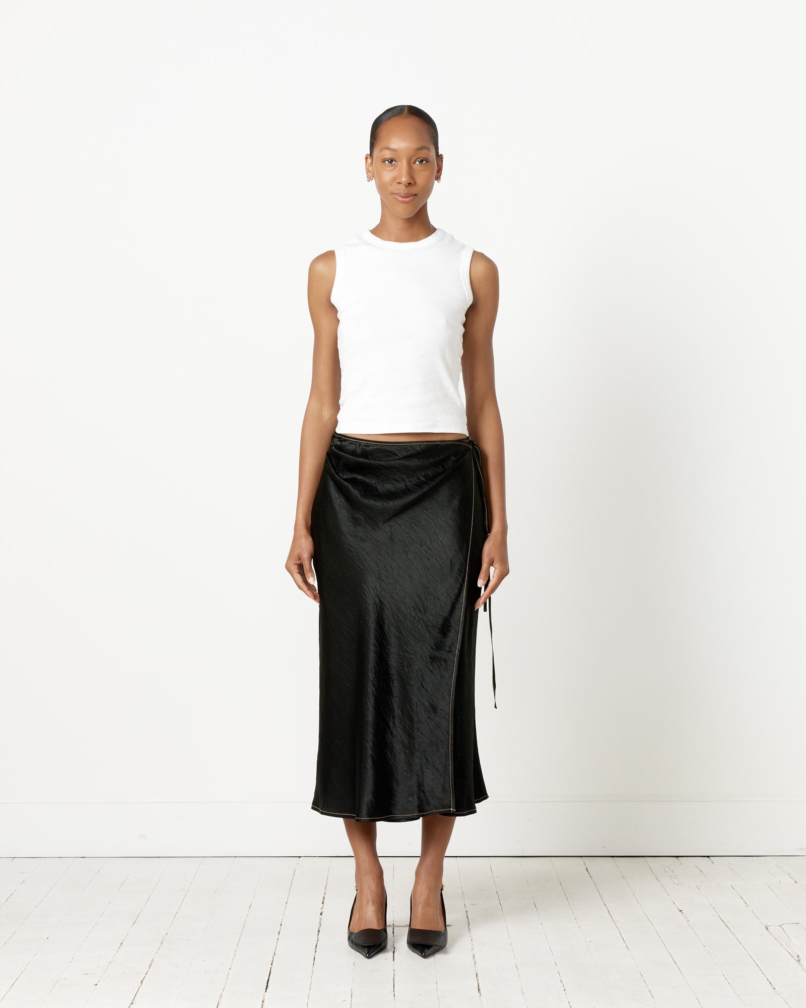 Satin Wrap Skirt in Black