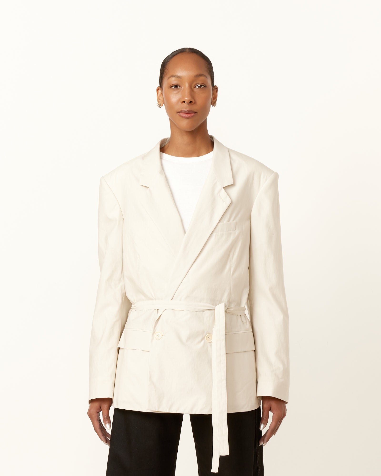 Belted Light Tailored Jacket in Pale Mastic