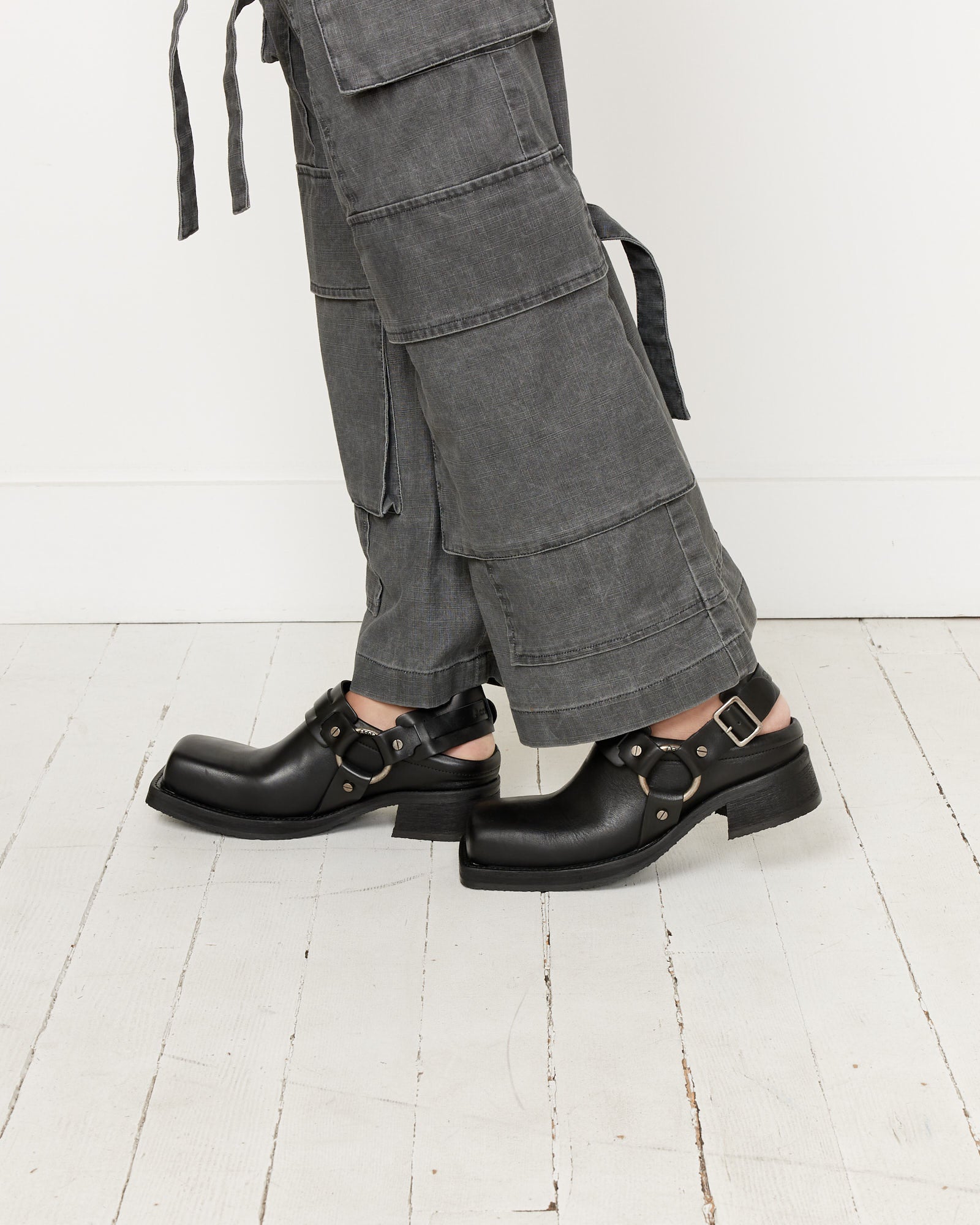 Leather Buckle Mule in Black