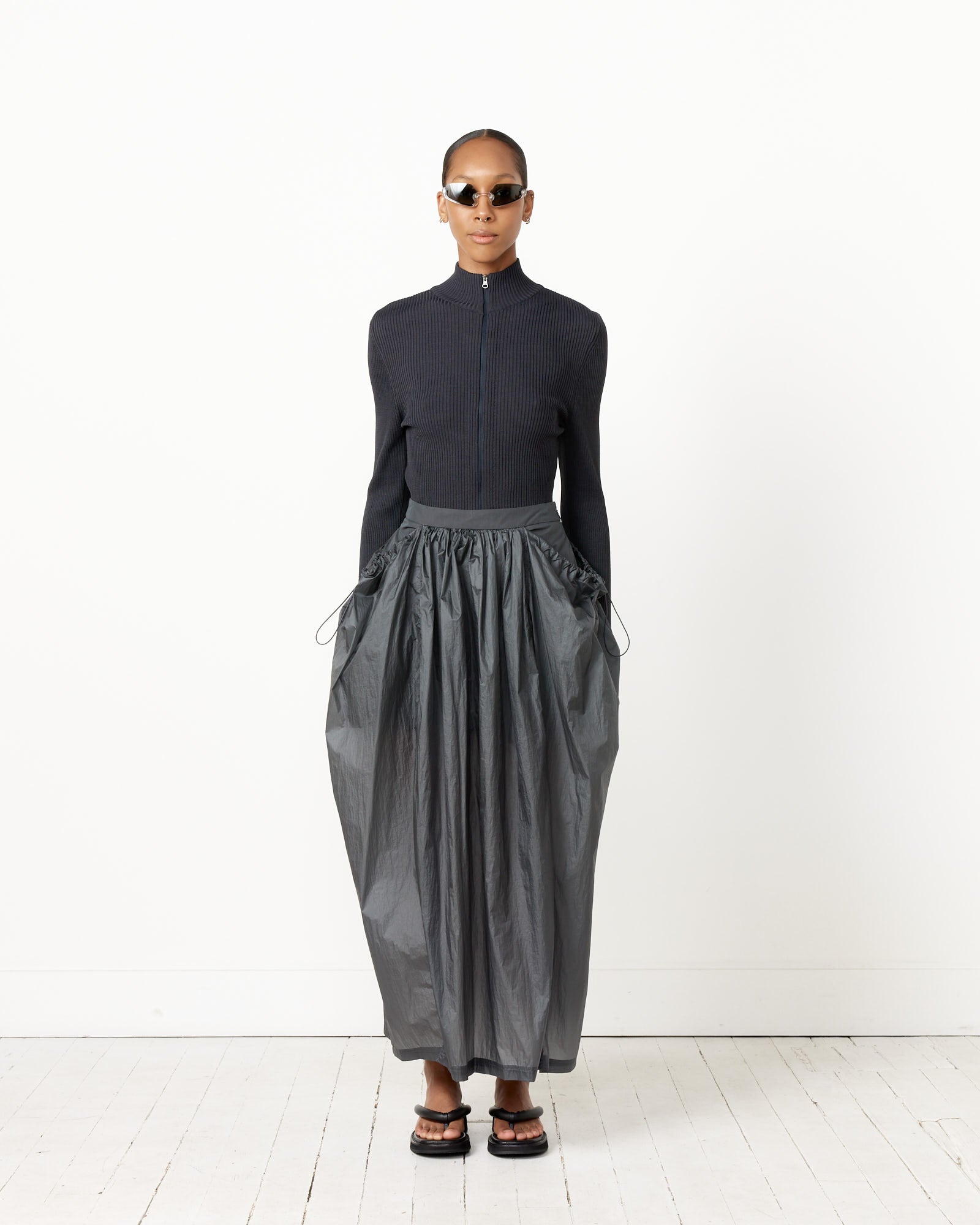 Layered Shirring Skirt in Navy