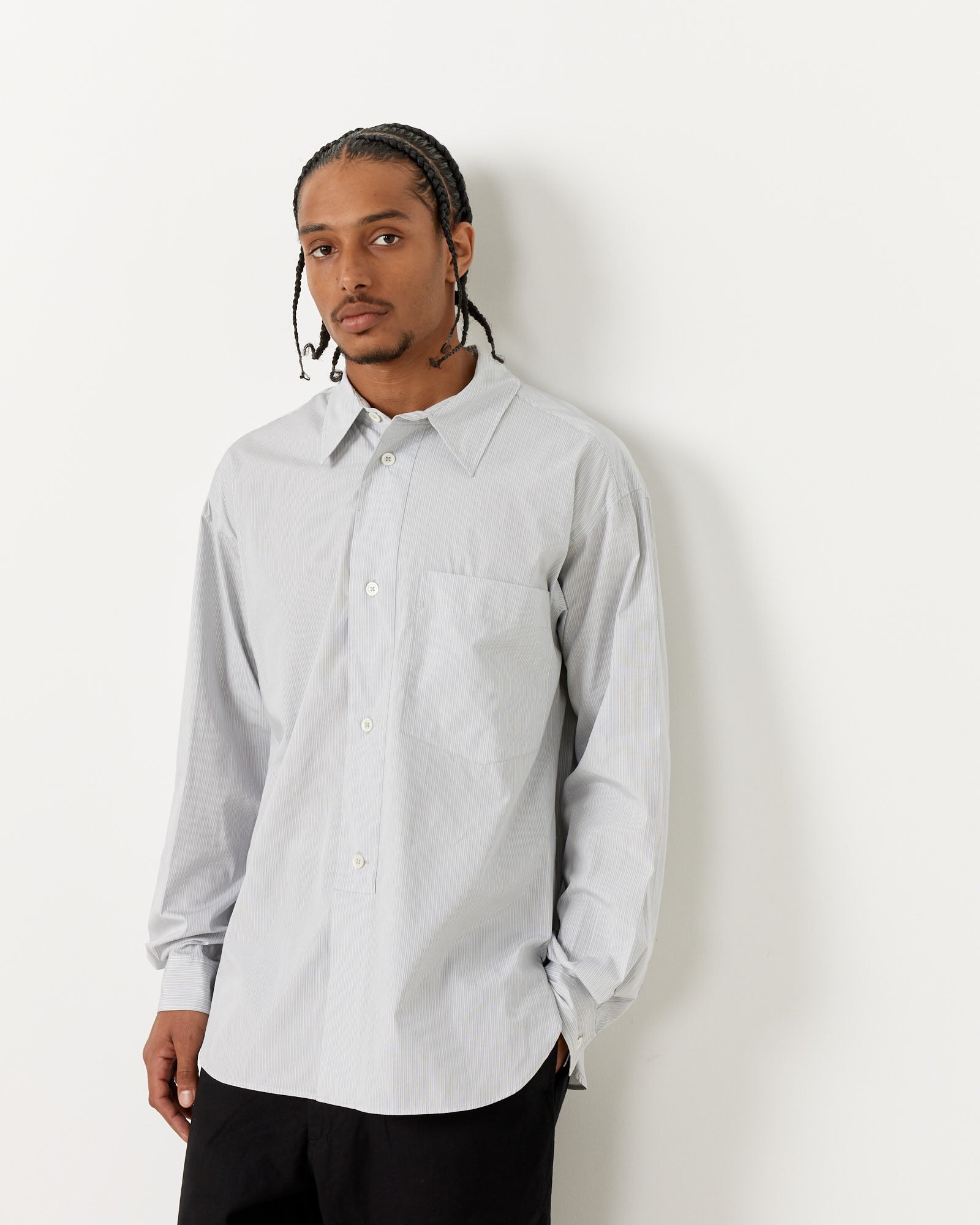 Margaret Howell Half Placket Stripe Shirt Grey/White - Grey/White / L (259573)