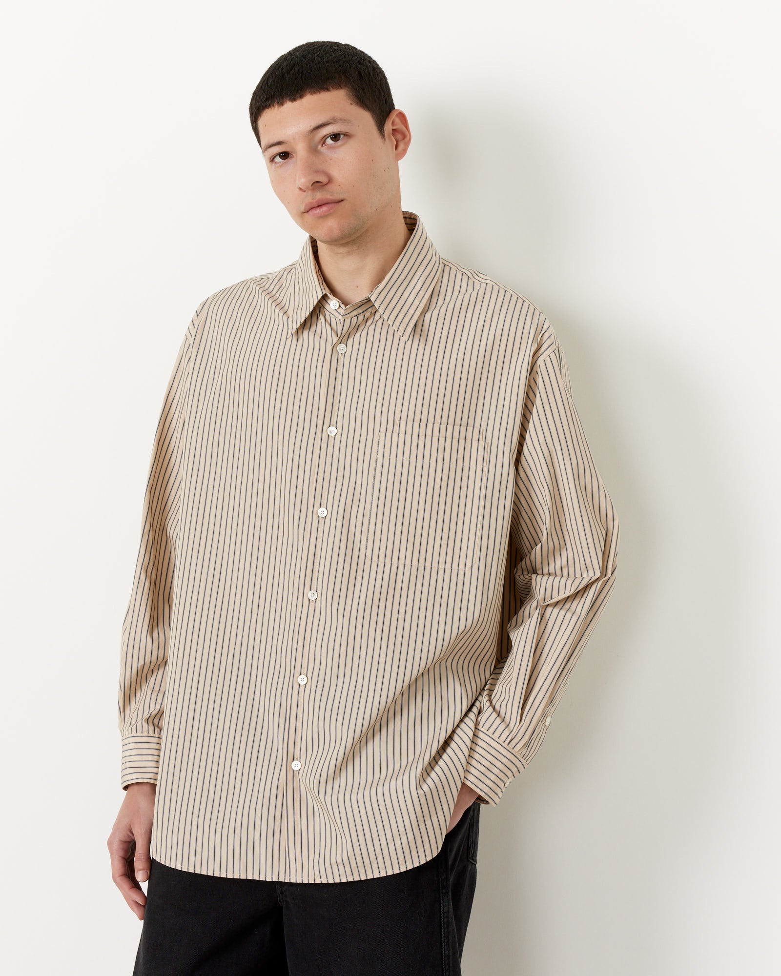 Lemaire Double Pocket L/S Shirt Mastic/Navy/White - Mastic/Navy/White / M (259773)