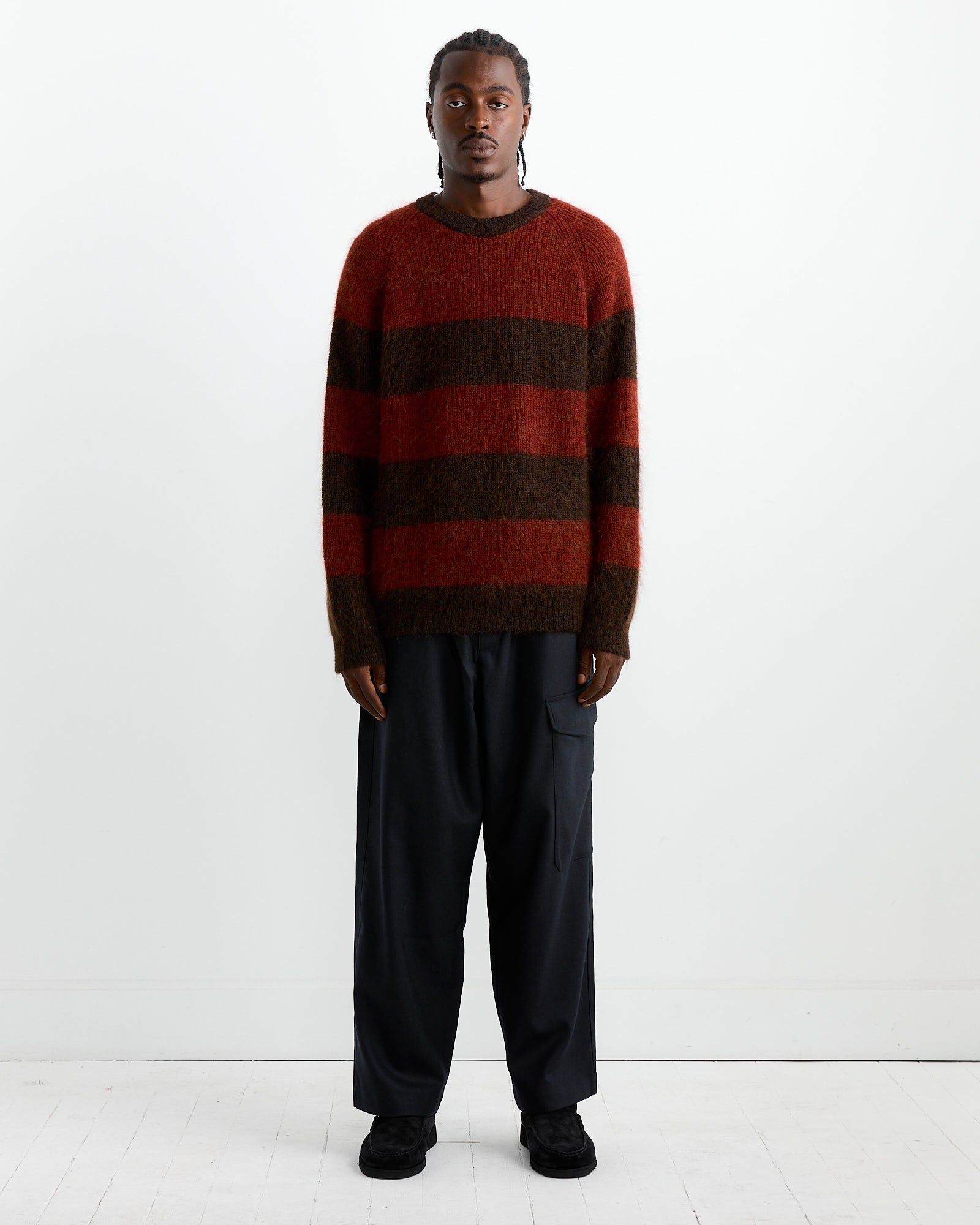 YMC Sueded Stripe Crew Knit Red/Brown - Red/Brown / M (261200)