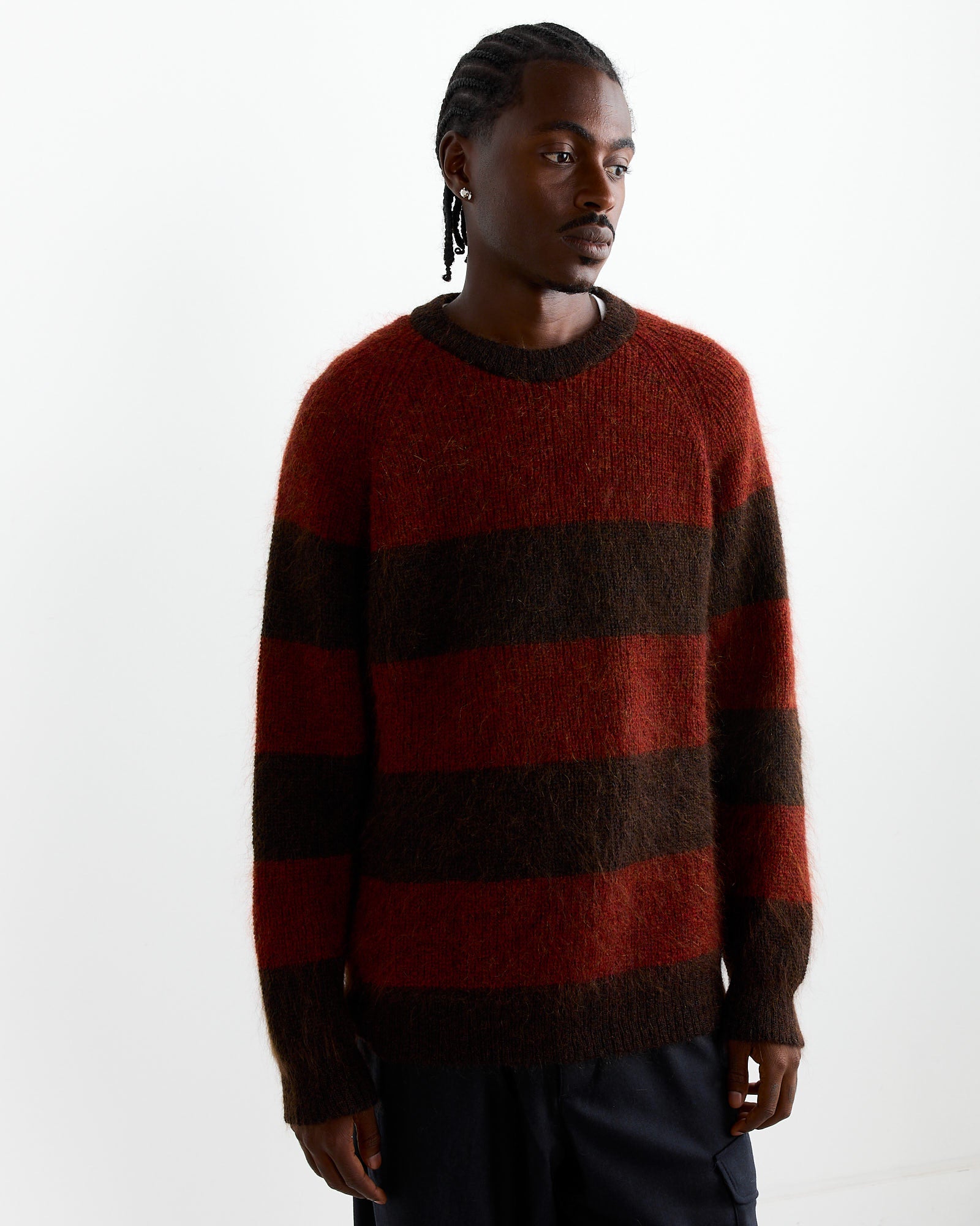 Suedehead Stripe Crew Knit in Red/Brown