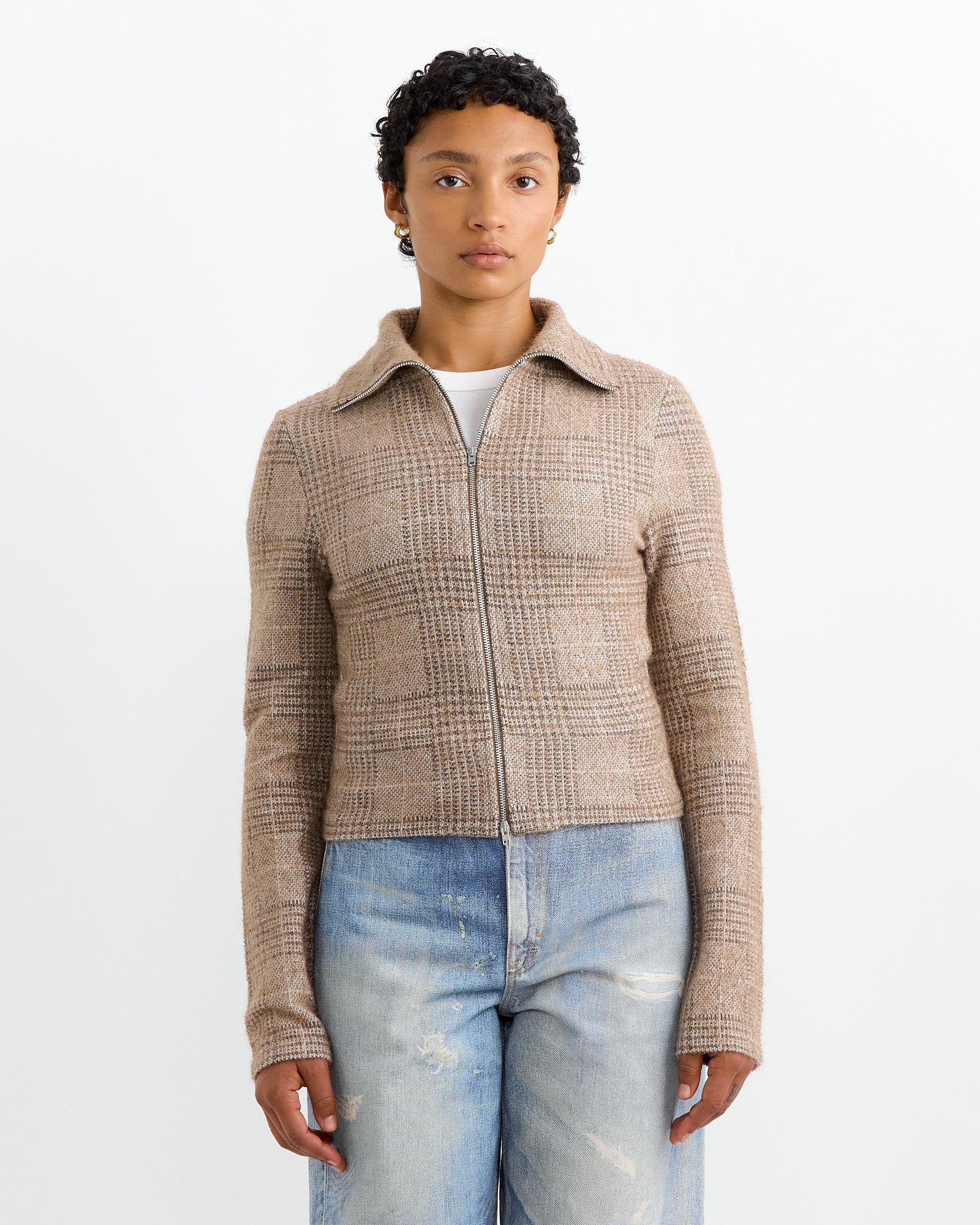 Slim Zip Jacket in Beige Hound Check