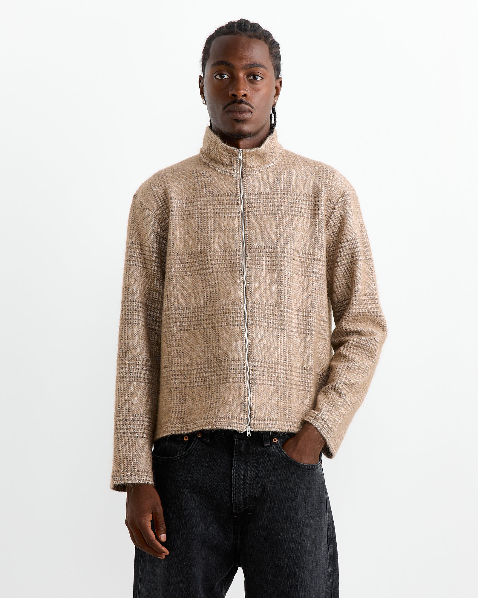 Shrunken Full Zip Polo in Beige Hound Check