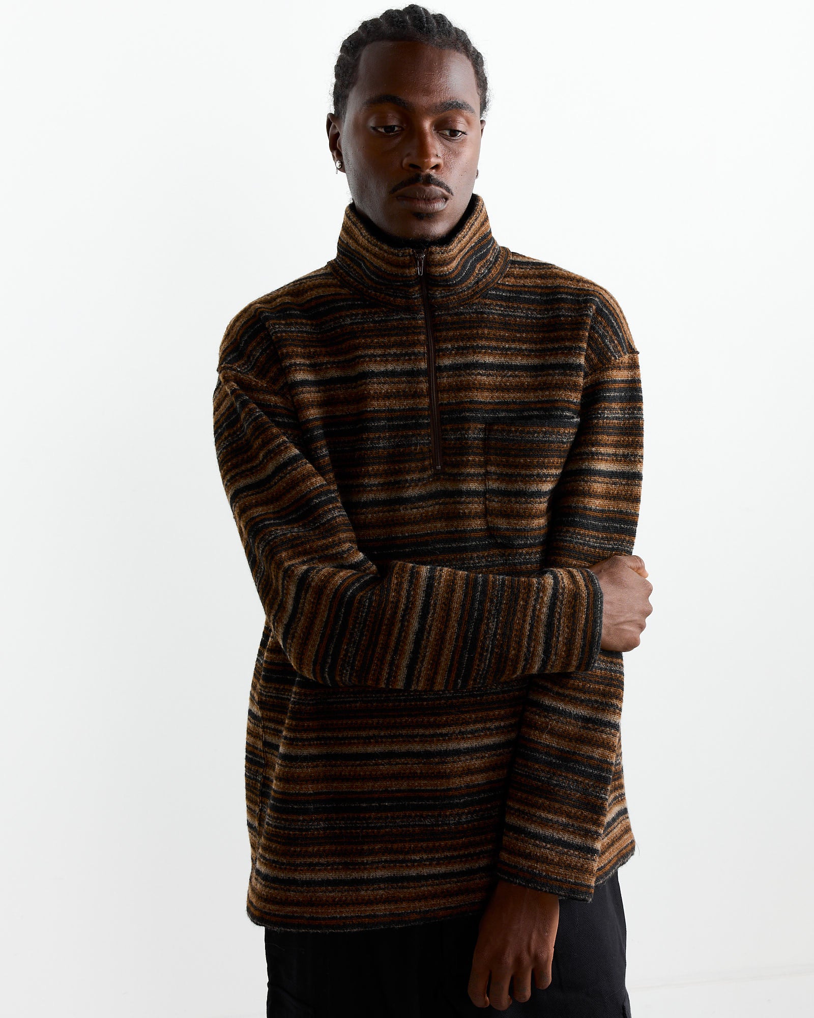 Zip Mock Sweater in Brown Stripe