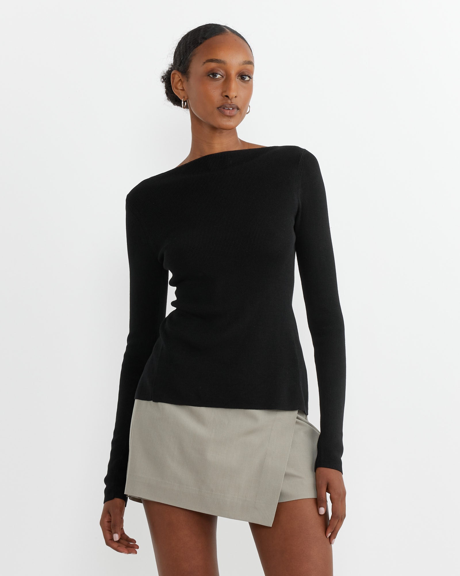 Rouleau Tie Reversible Knit Top in Black