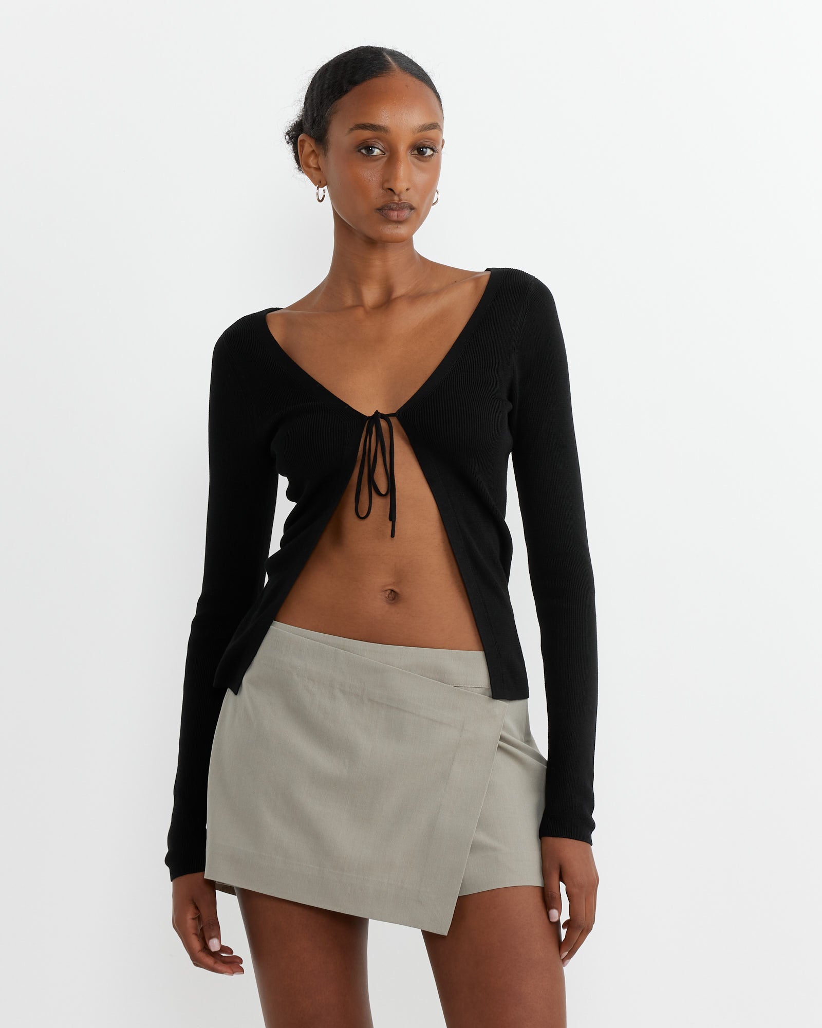 Rouleau Tie Reversible Knit Top in Black