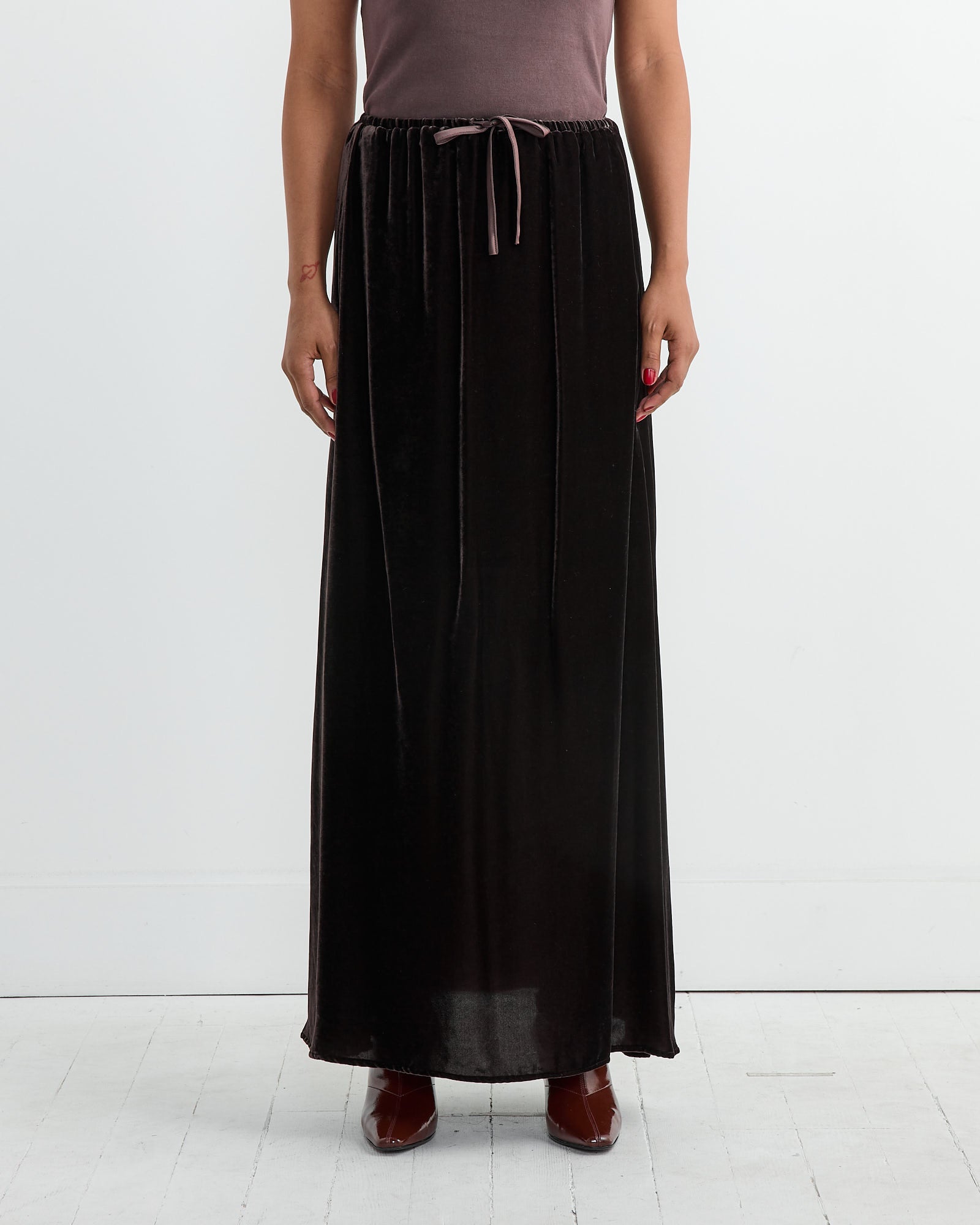 Velvet Drawstring Maxi Skirt in Dark Brown