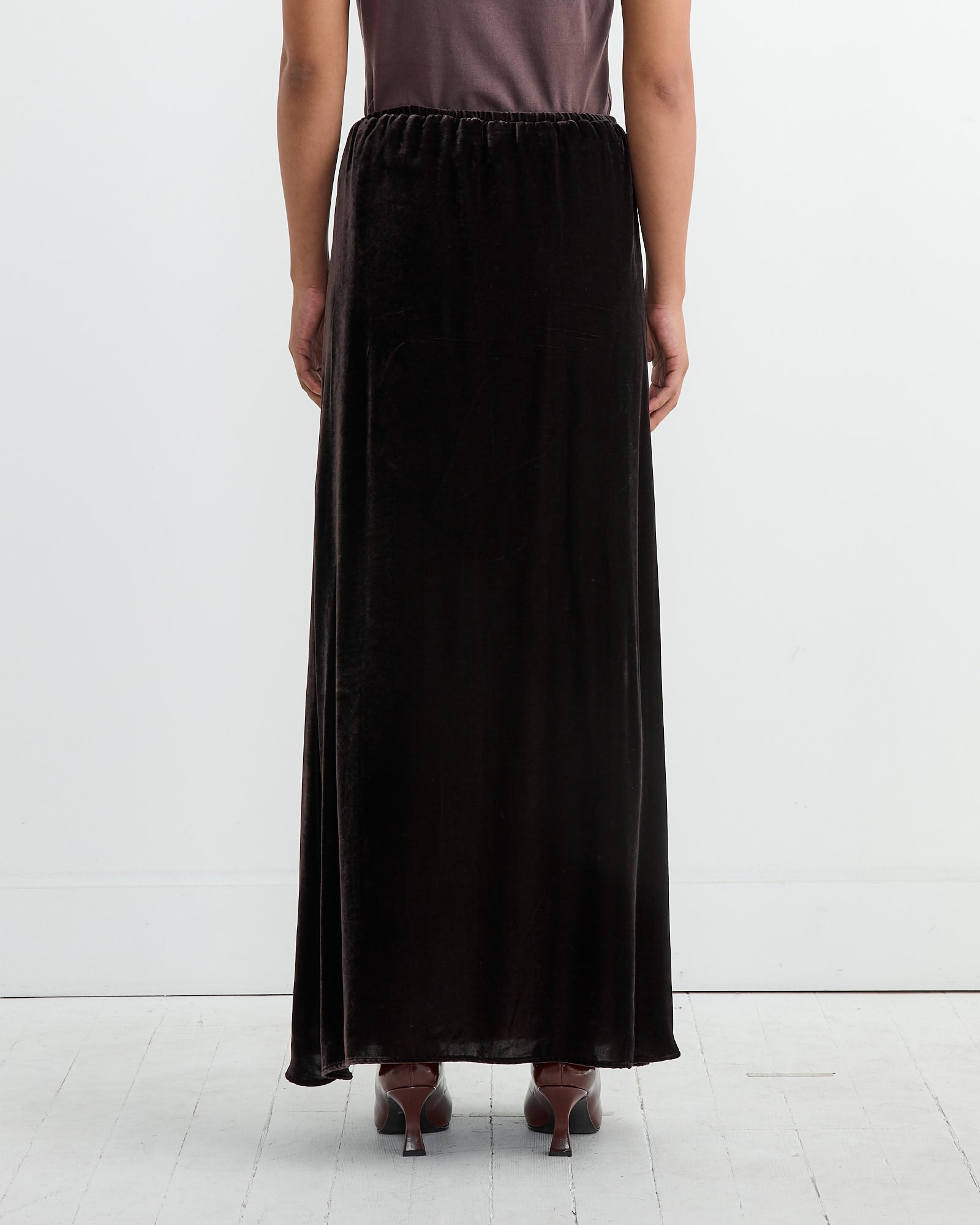 Velvet Drawstring Maxi Skirt in Dark Brown