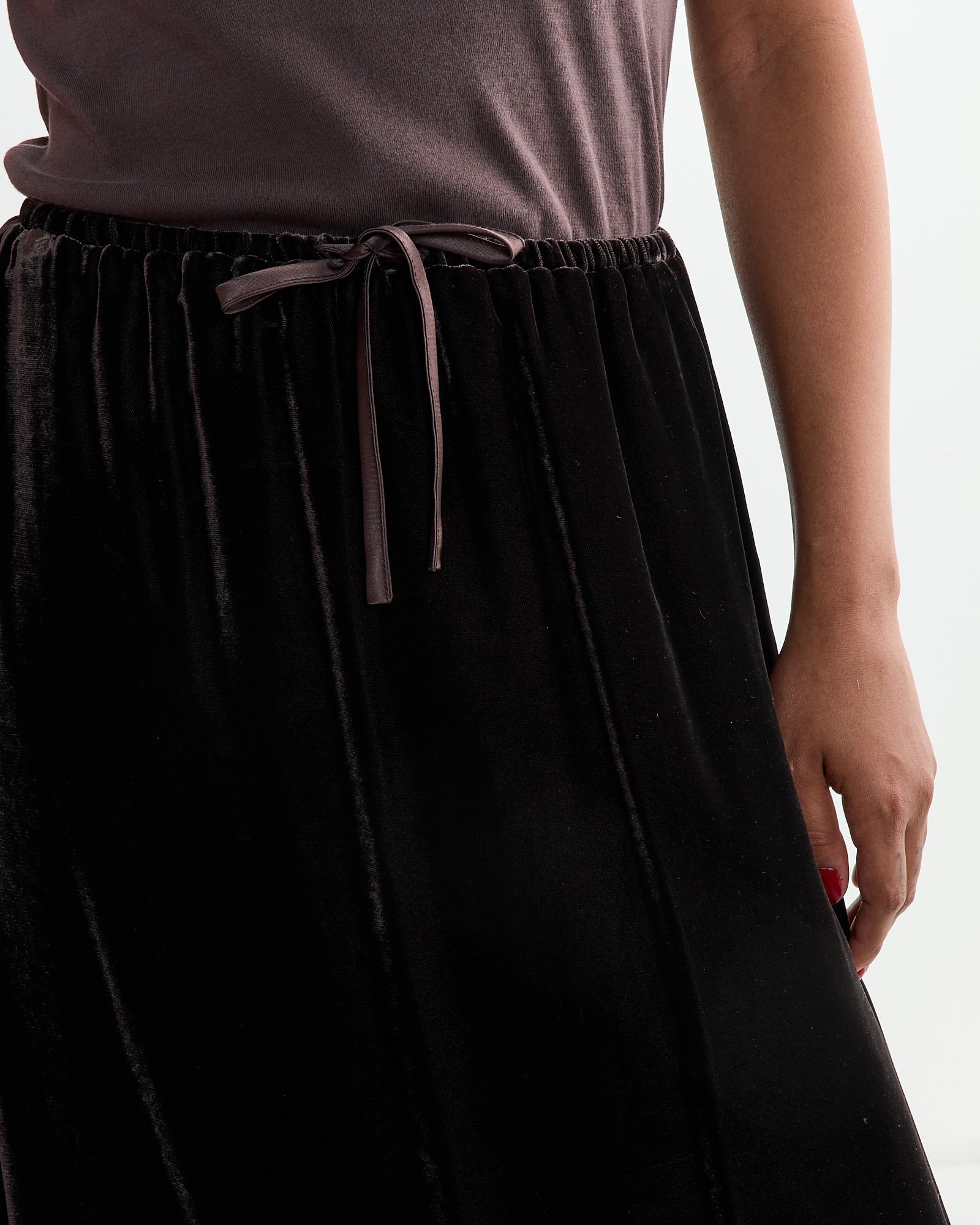 Velvet Drawstring Maxi Skirt in Dark Brown