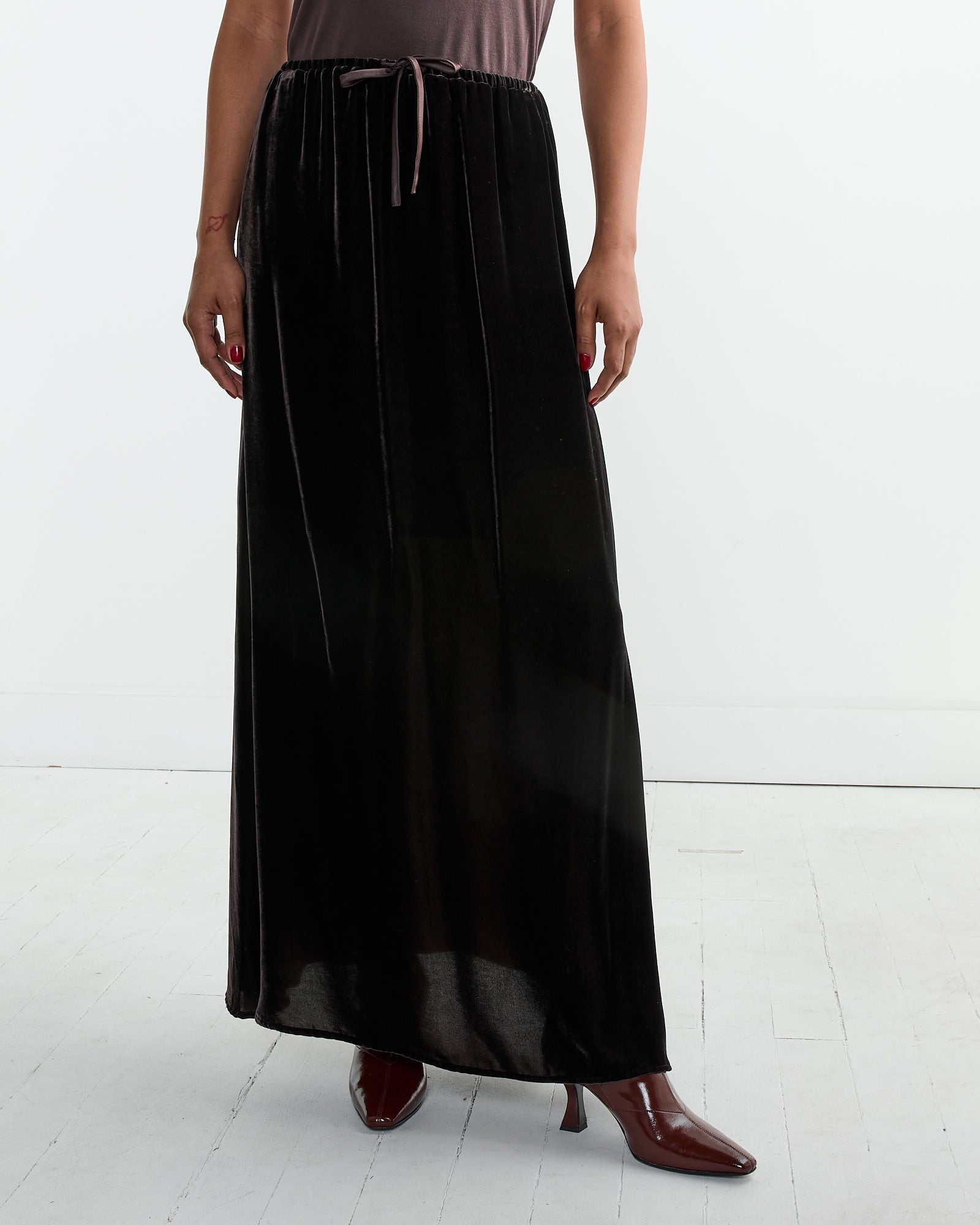 Velvet Drawstring Maxi Skirt in Dark Brown