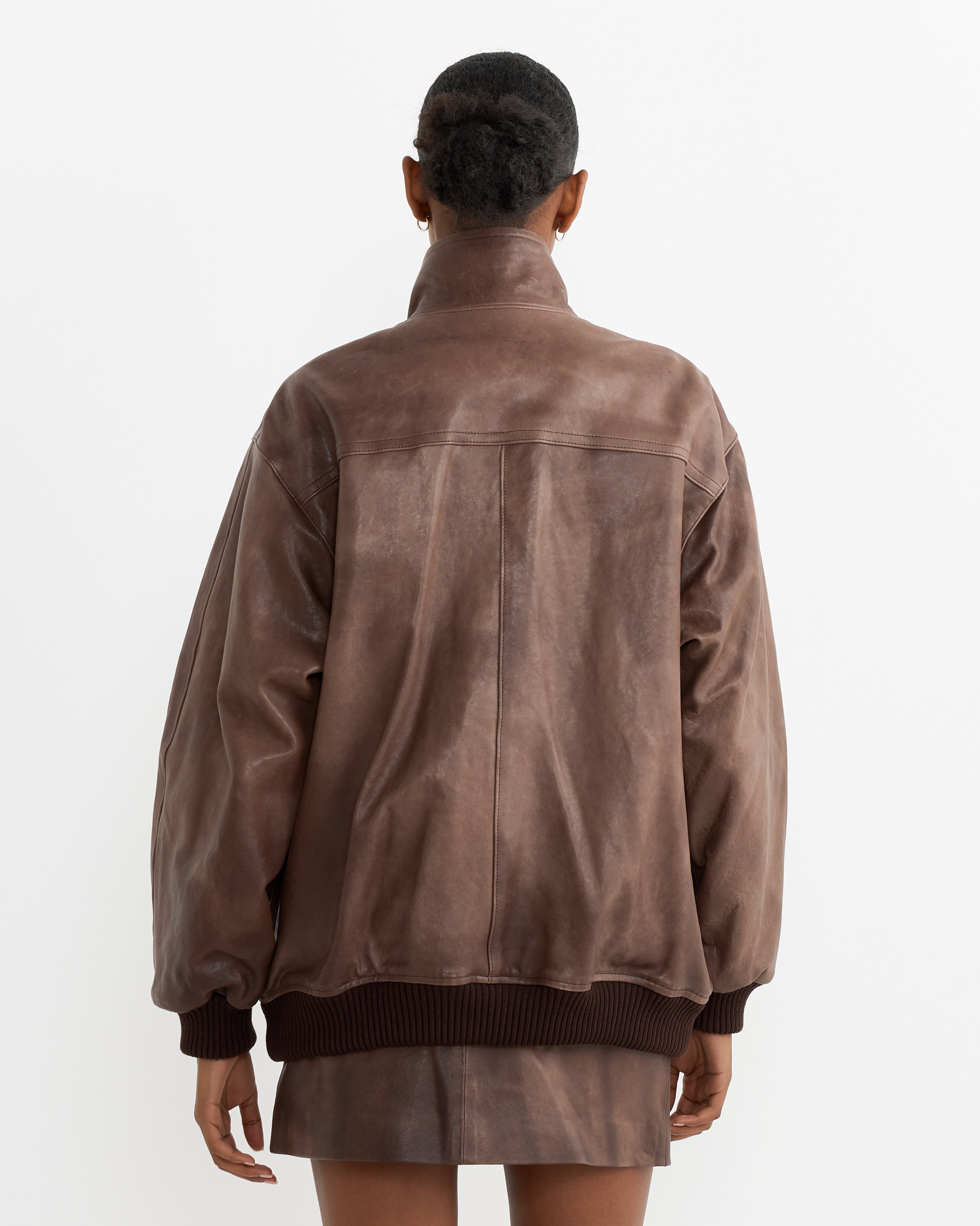 Lamb Leather Zip Blouson in Dark Brown