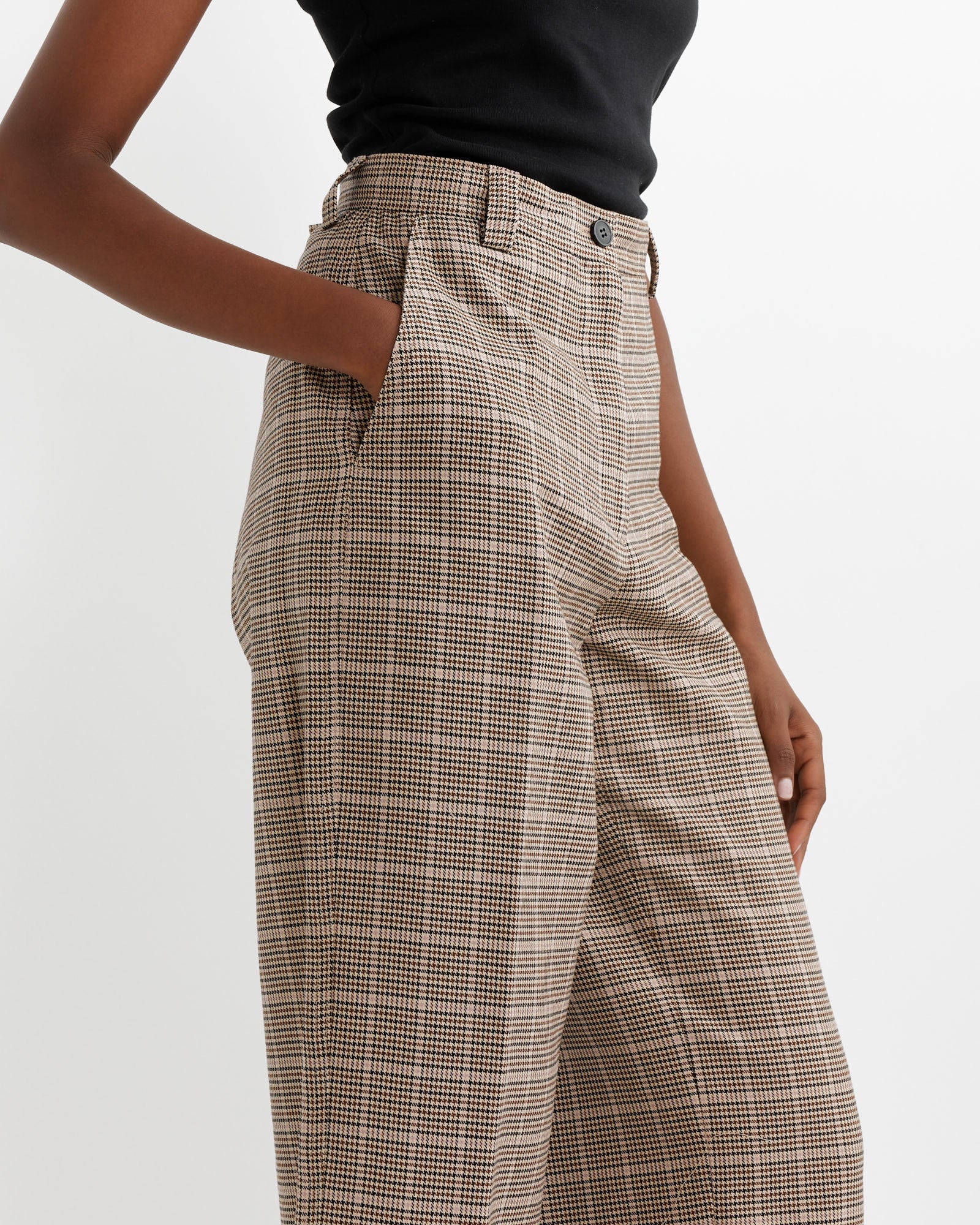 Checked Cuffed Pants in Beige