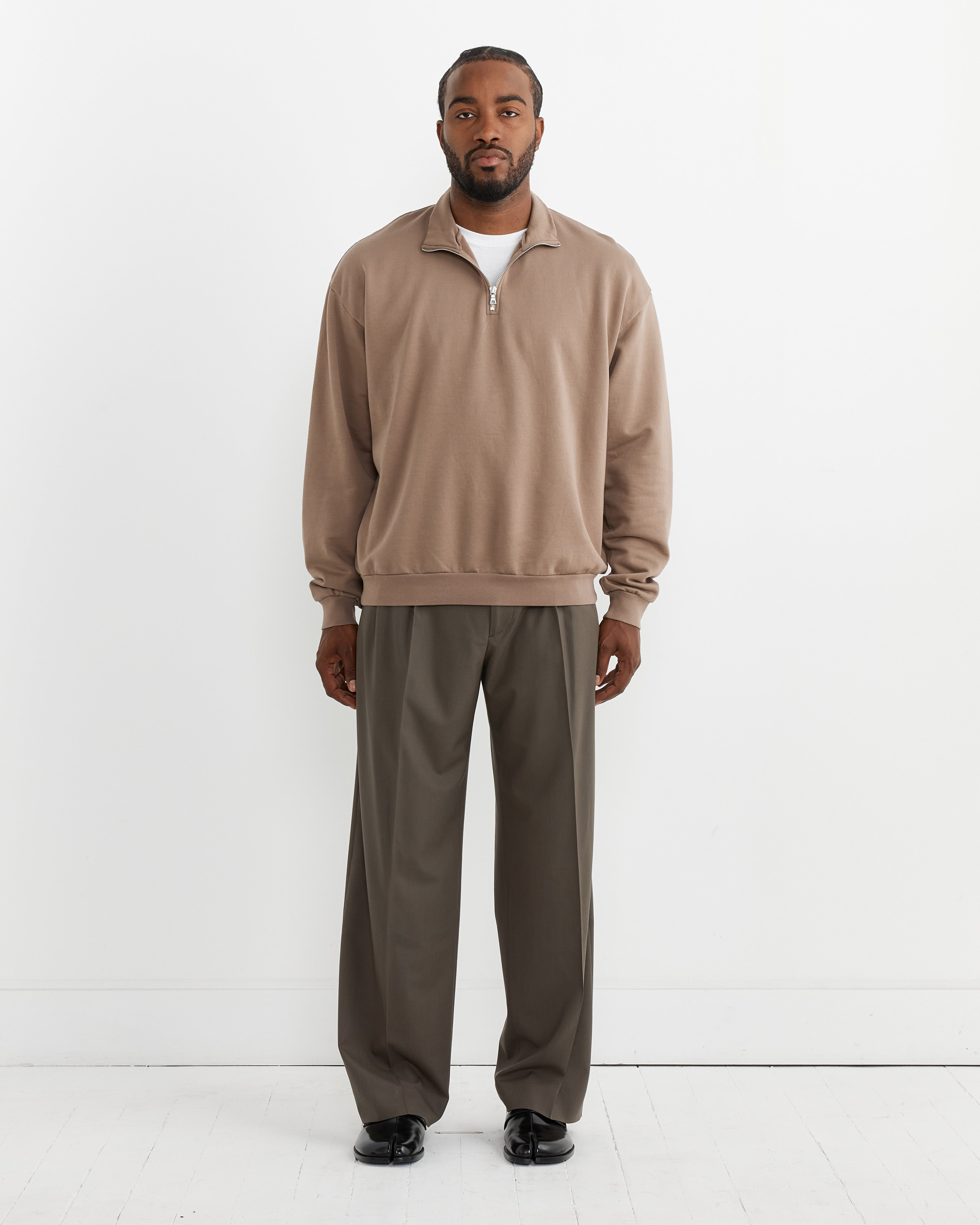 Elasticated Sweat Half Zip Pullover in Grey Beige