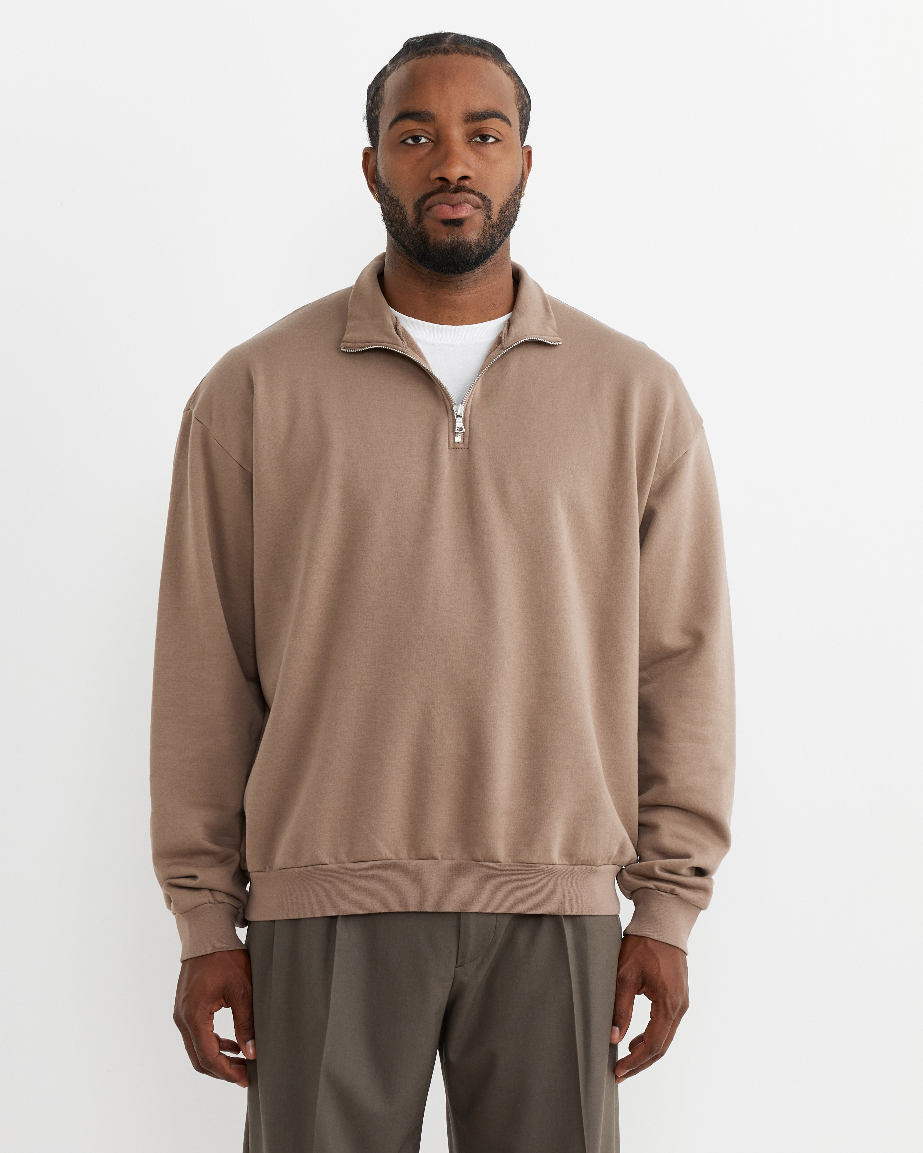 Elasticated Sweat Half Zip Pullover in Grey Beige