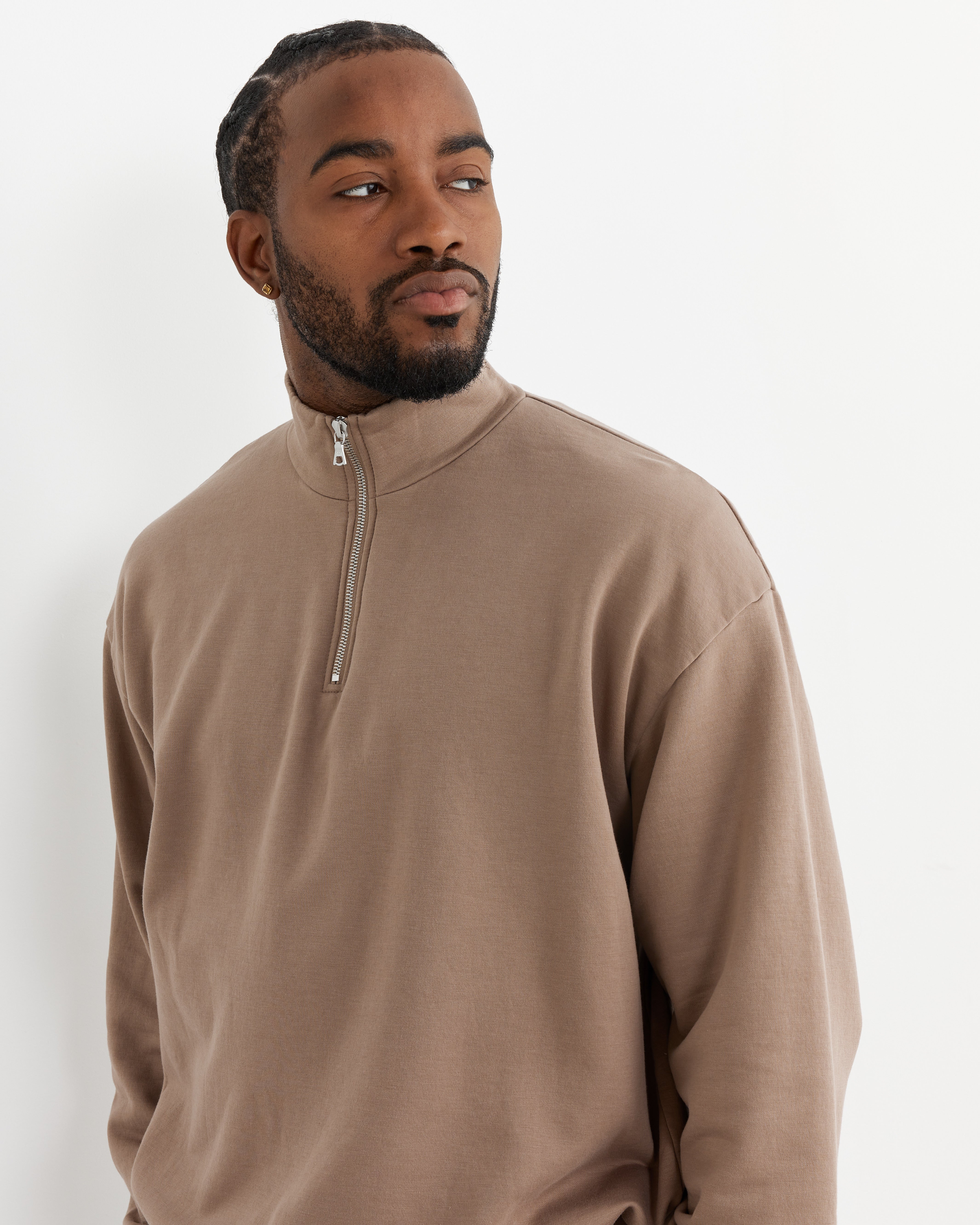 Elasticated Sweat Half Zip Pullover in Grey Beige