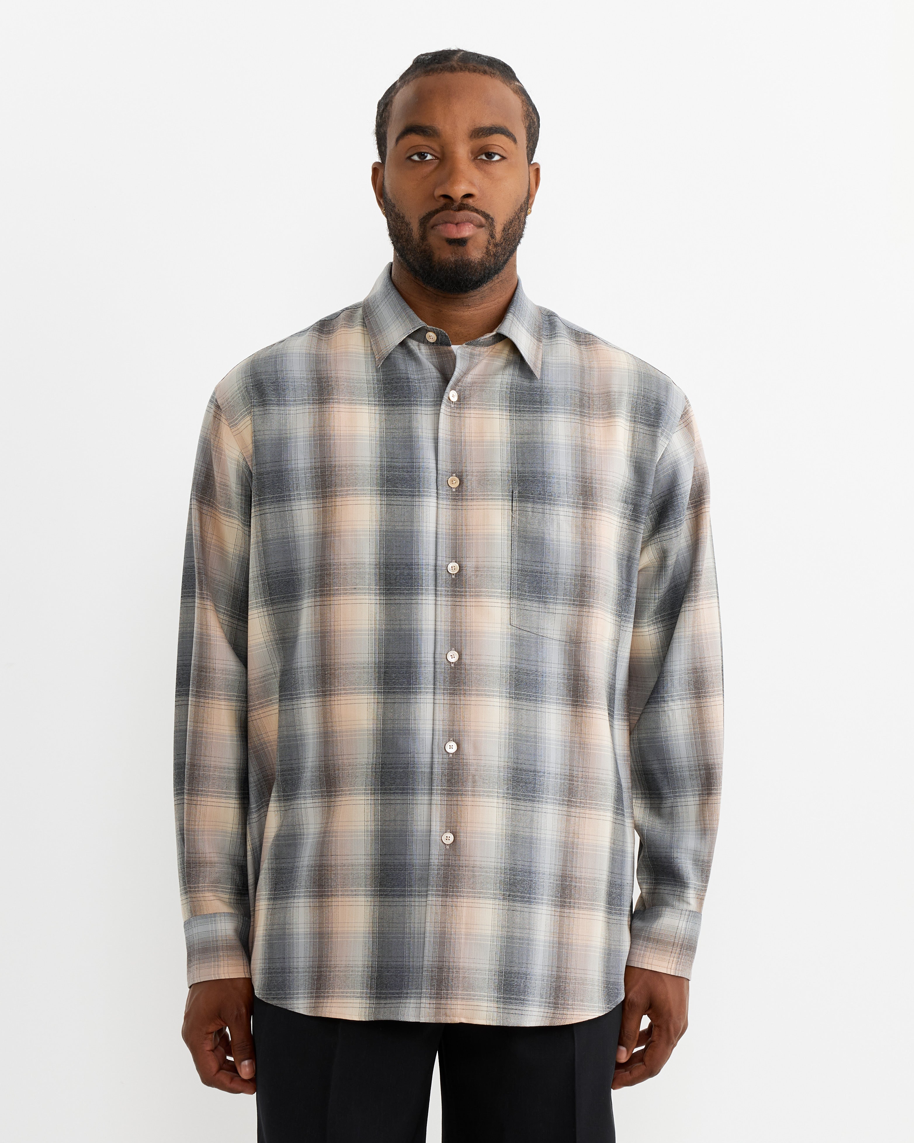 Wool Check Shirt in Beige Blue