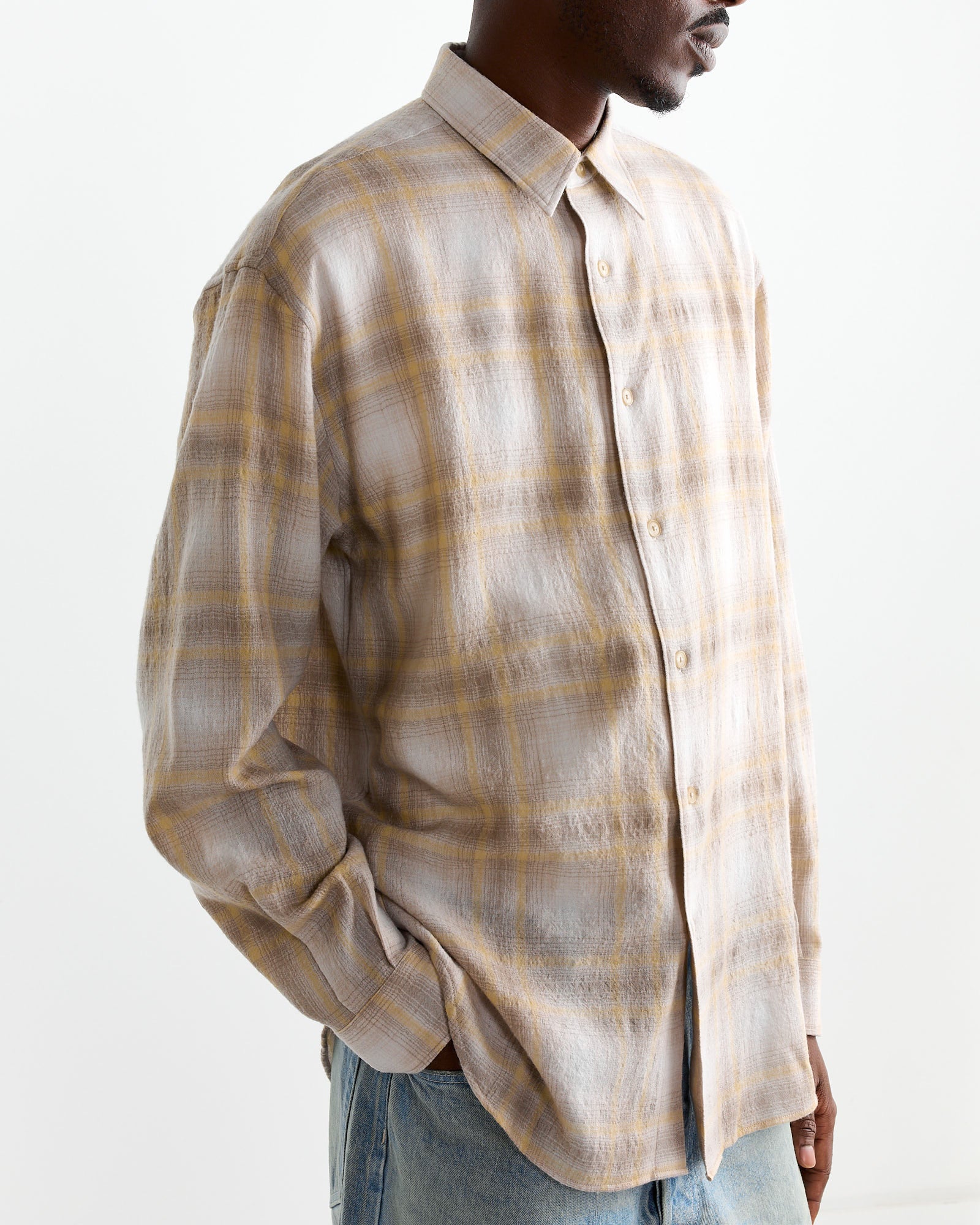 Airy Wool Check Shirt in Yellow/Grey