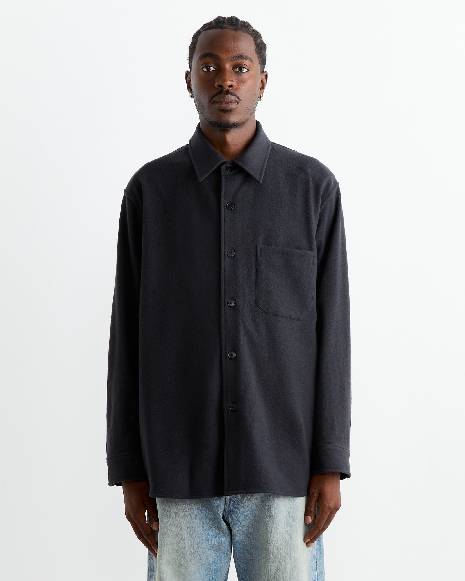 Wool Flannel Shirt in Ink Black