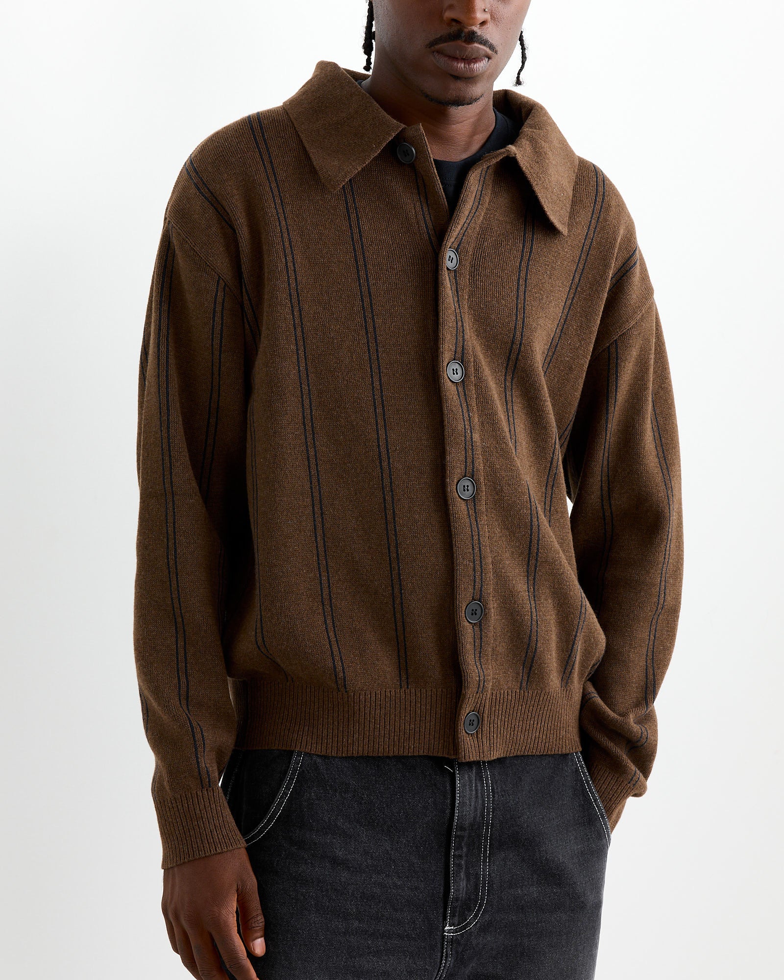 Formal Cardigan in Light Brown Stripe