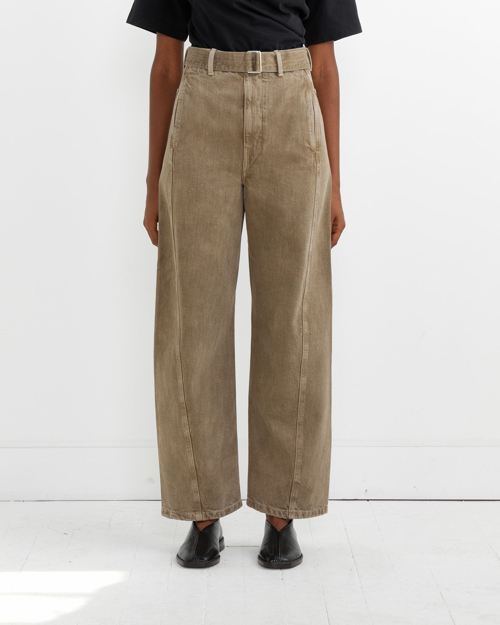 Twisted Belted Denim Pant in Snow Olive