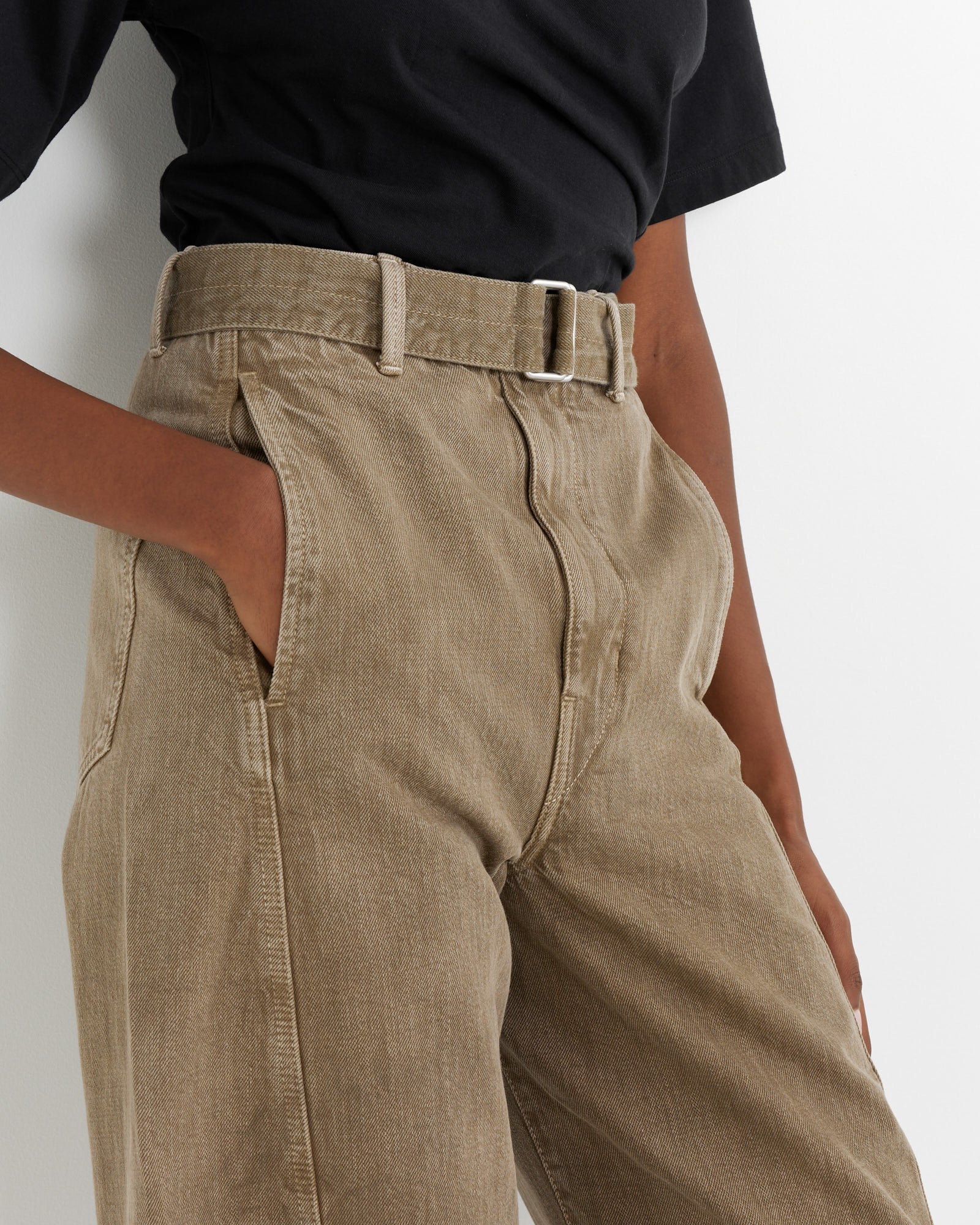 Twisted Belted Denim Pant in Snow Olive