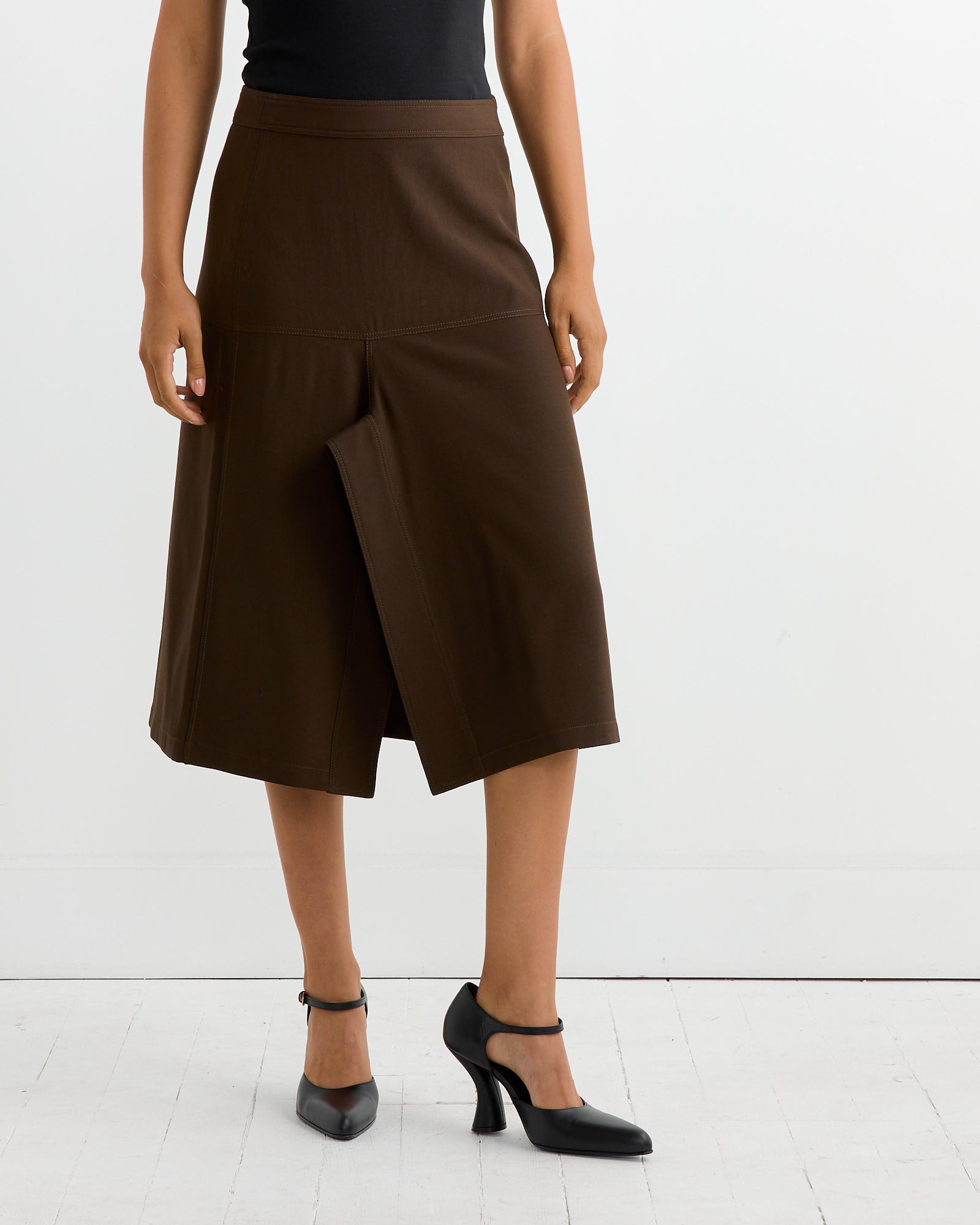 Asymmetrical Wrapover Skirt in Kobicha Brown