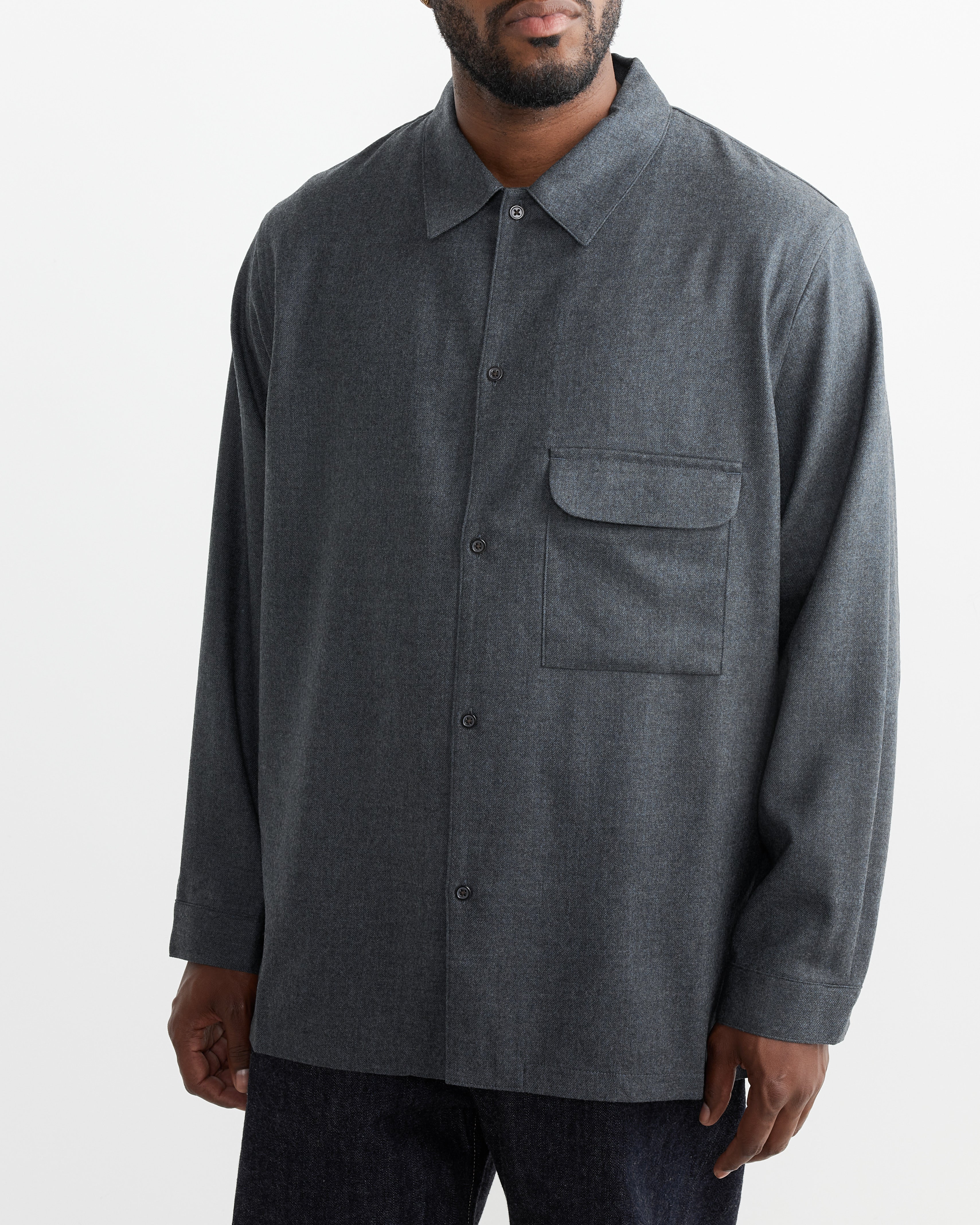 Flat Bottom Wool Shirt in Blue Charcoal