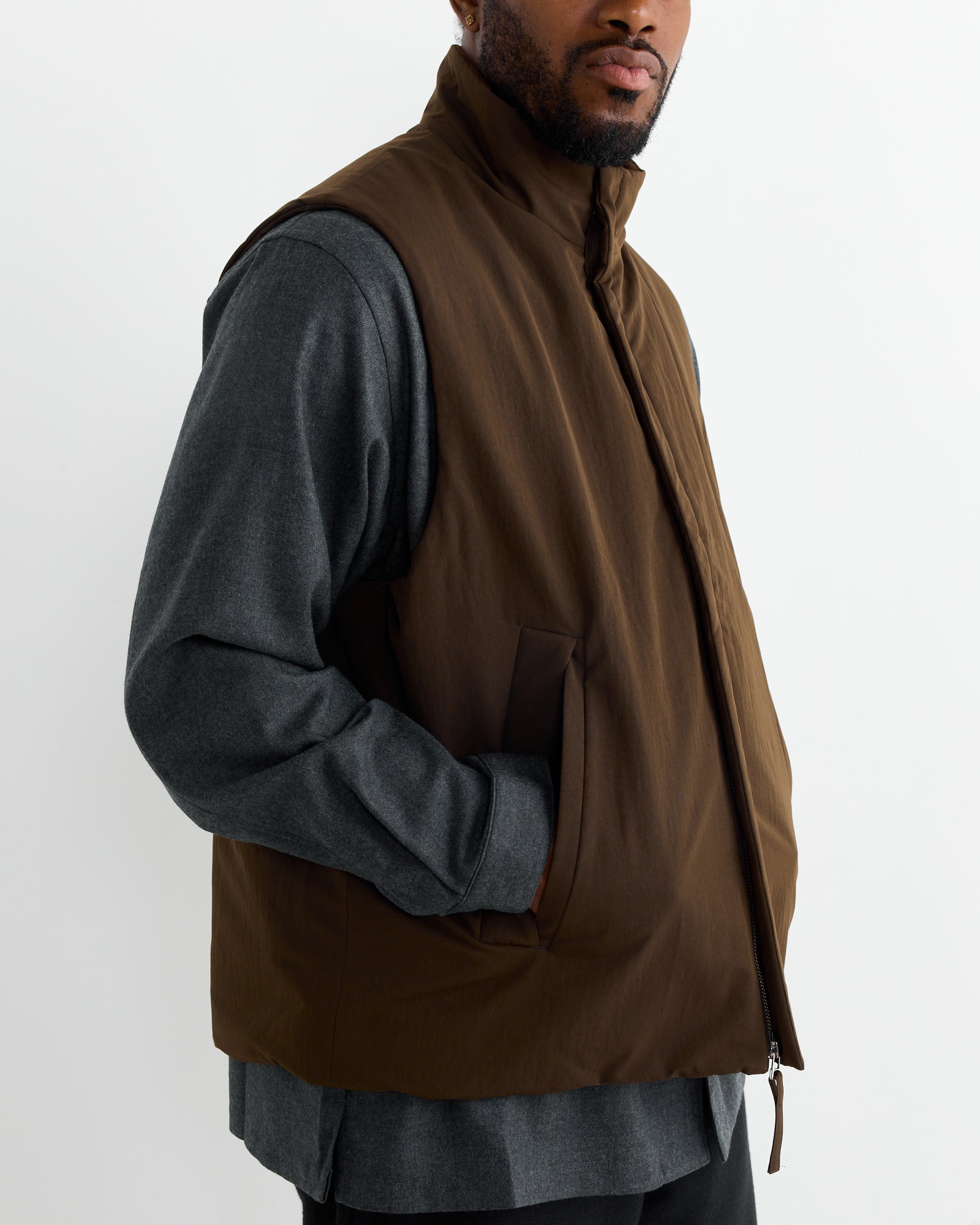 Stand Collar Padded Vest in Brown