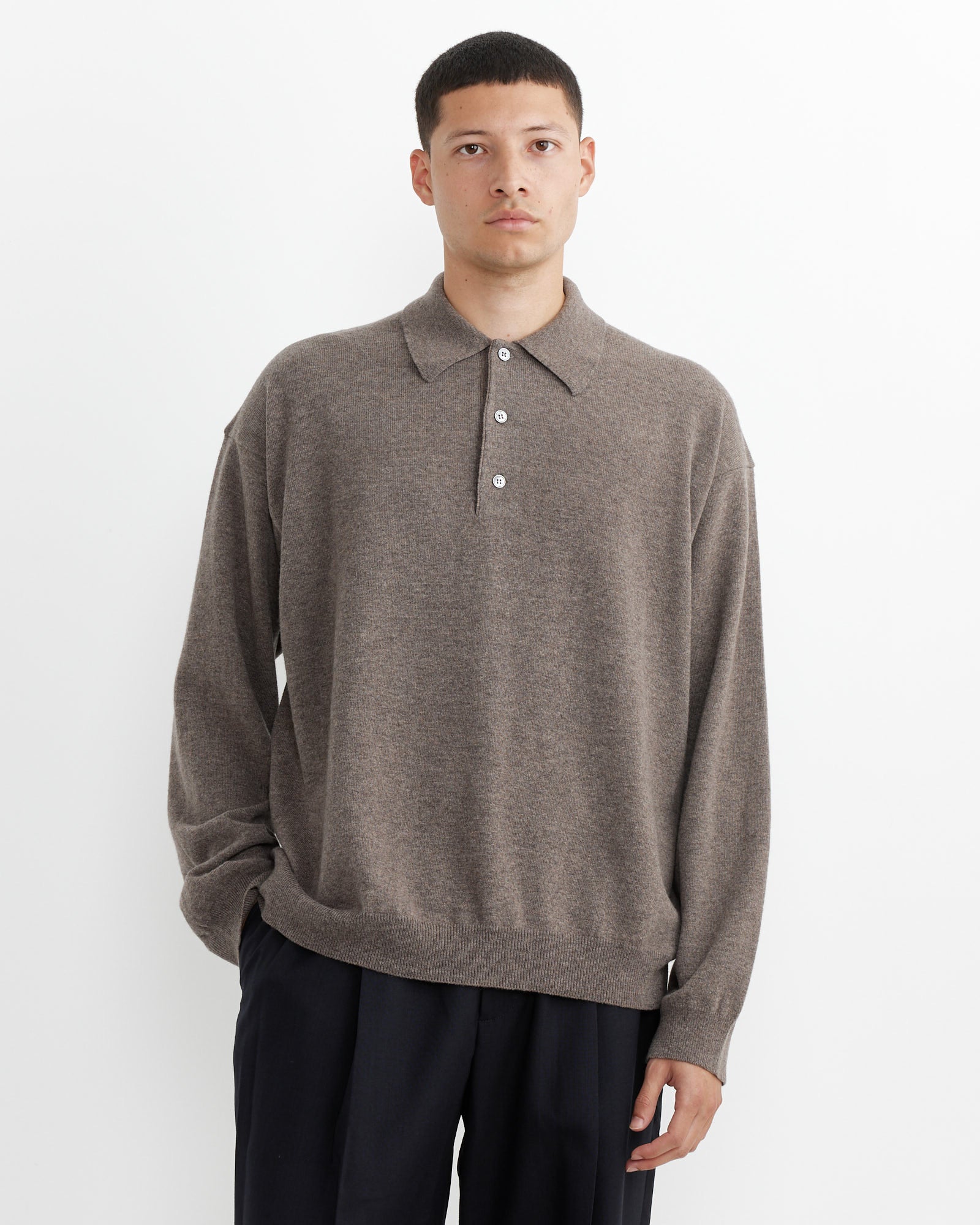 Studio Nicholson Noe L/S Polo Stone Melange - Stone Melange / M (263558)