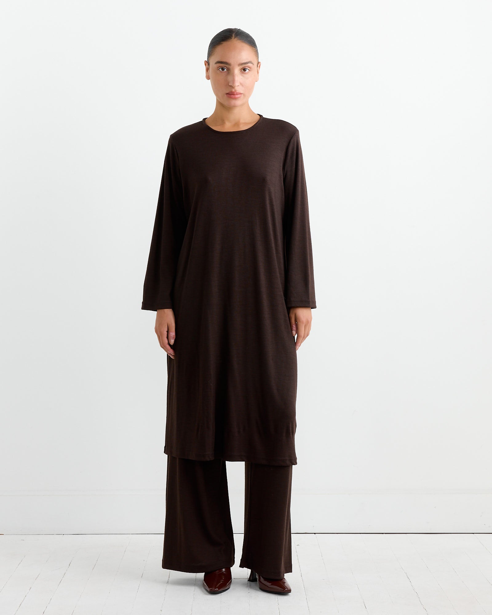 Wool Basic Crew Dress in Cacao