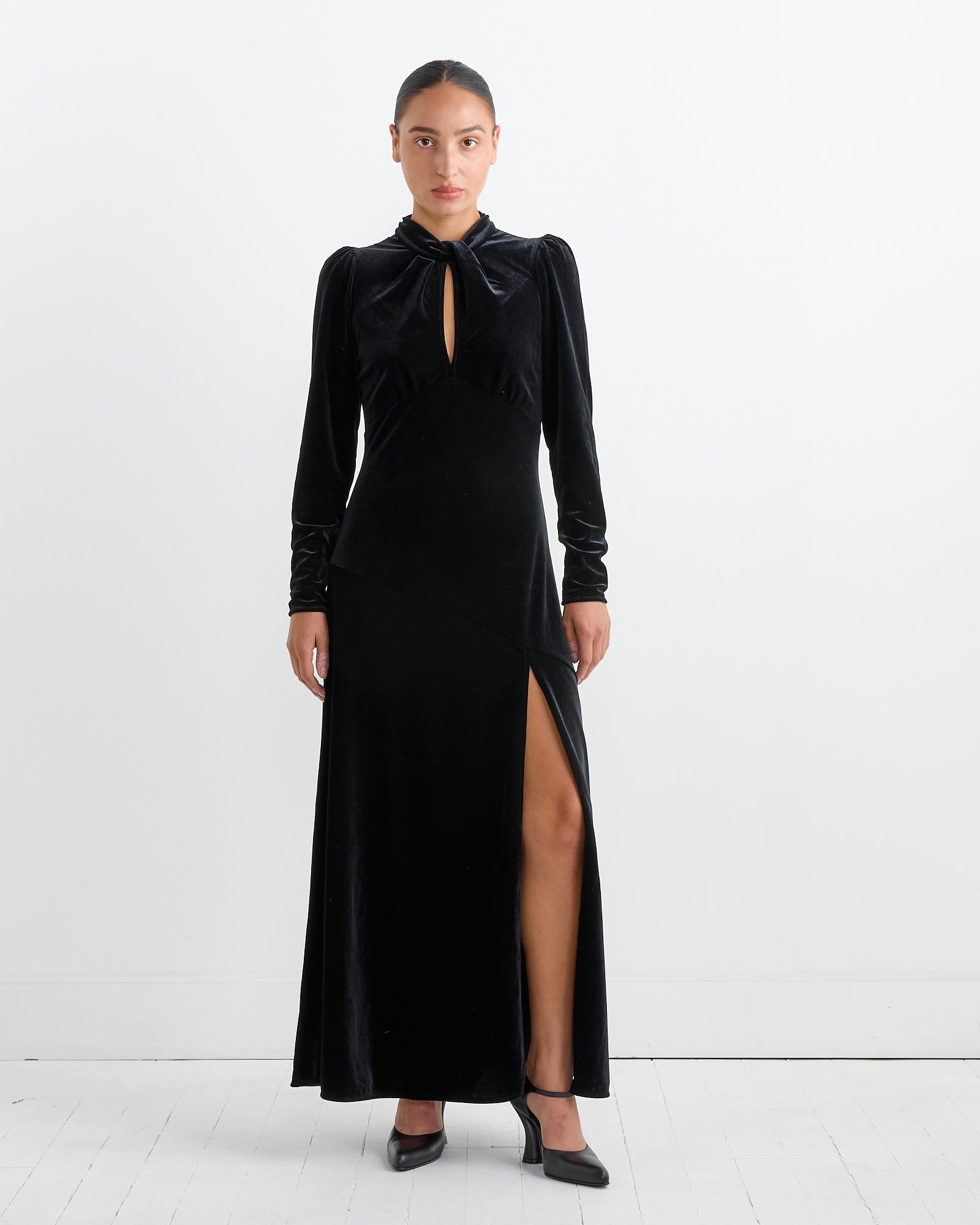 Velvet Gathered Long Dress in Black