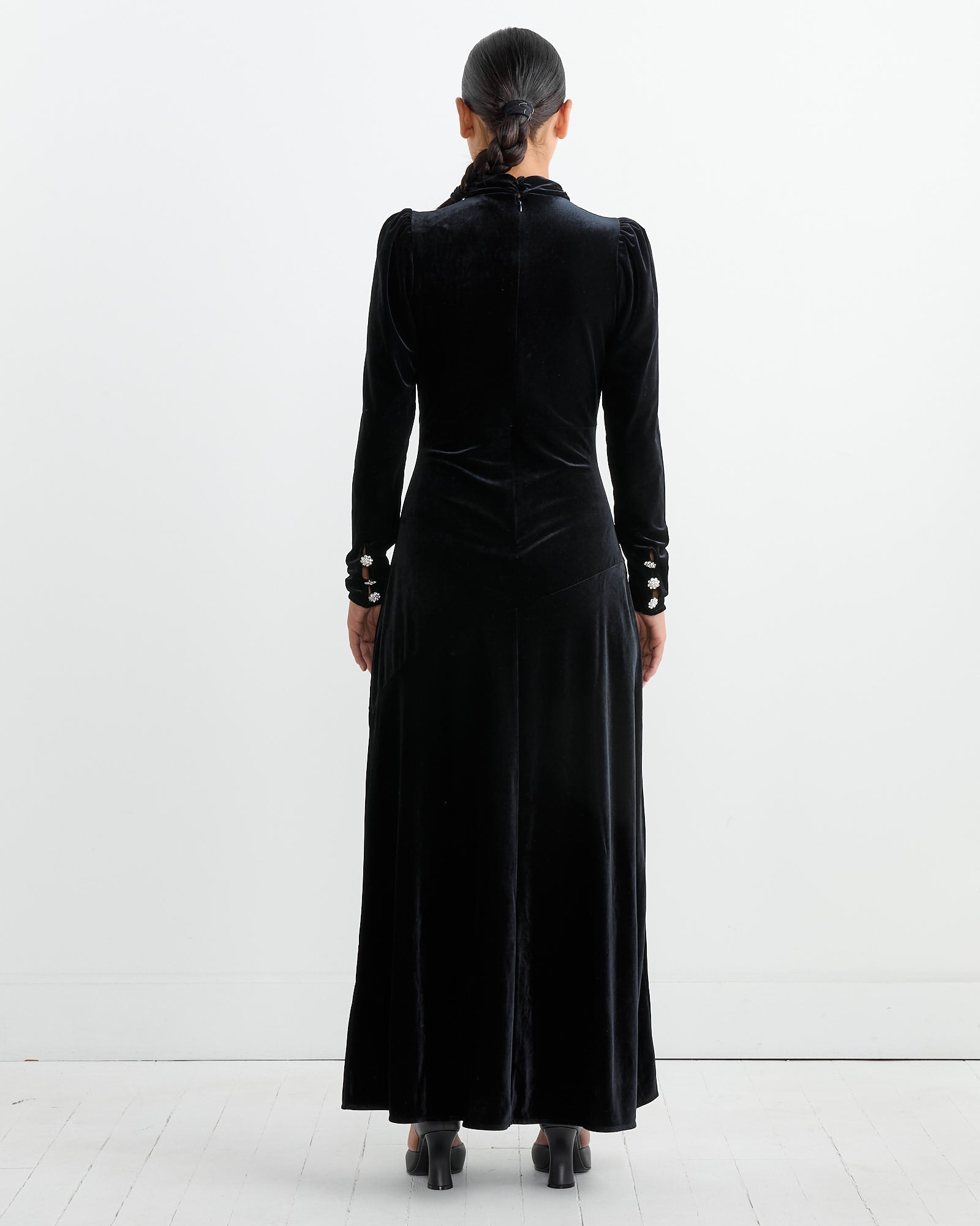 Velvet Gathered Long Dress in Black