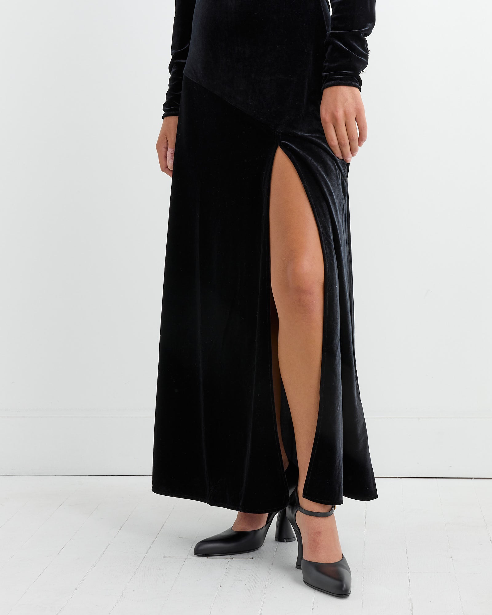 Velvet Gathered Long Dress in Black