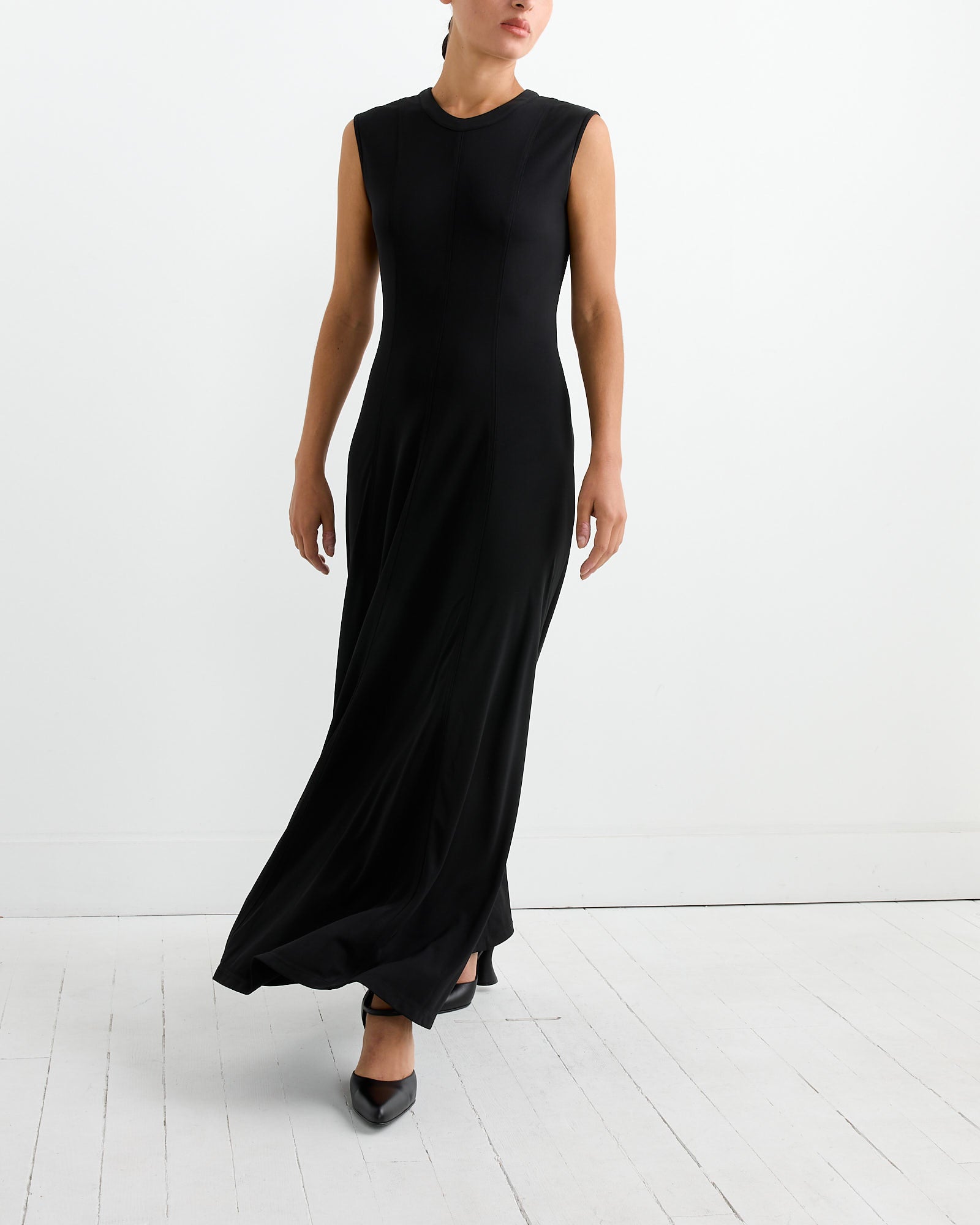 Seamed Flared Maxi Dress in Black