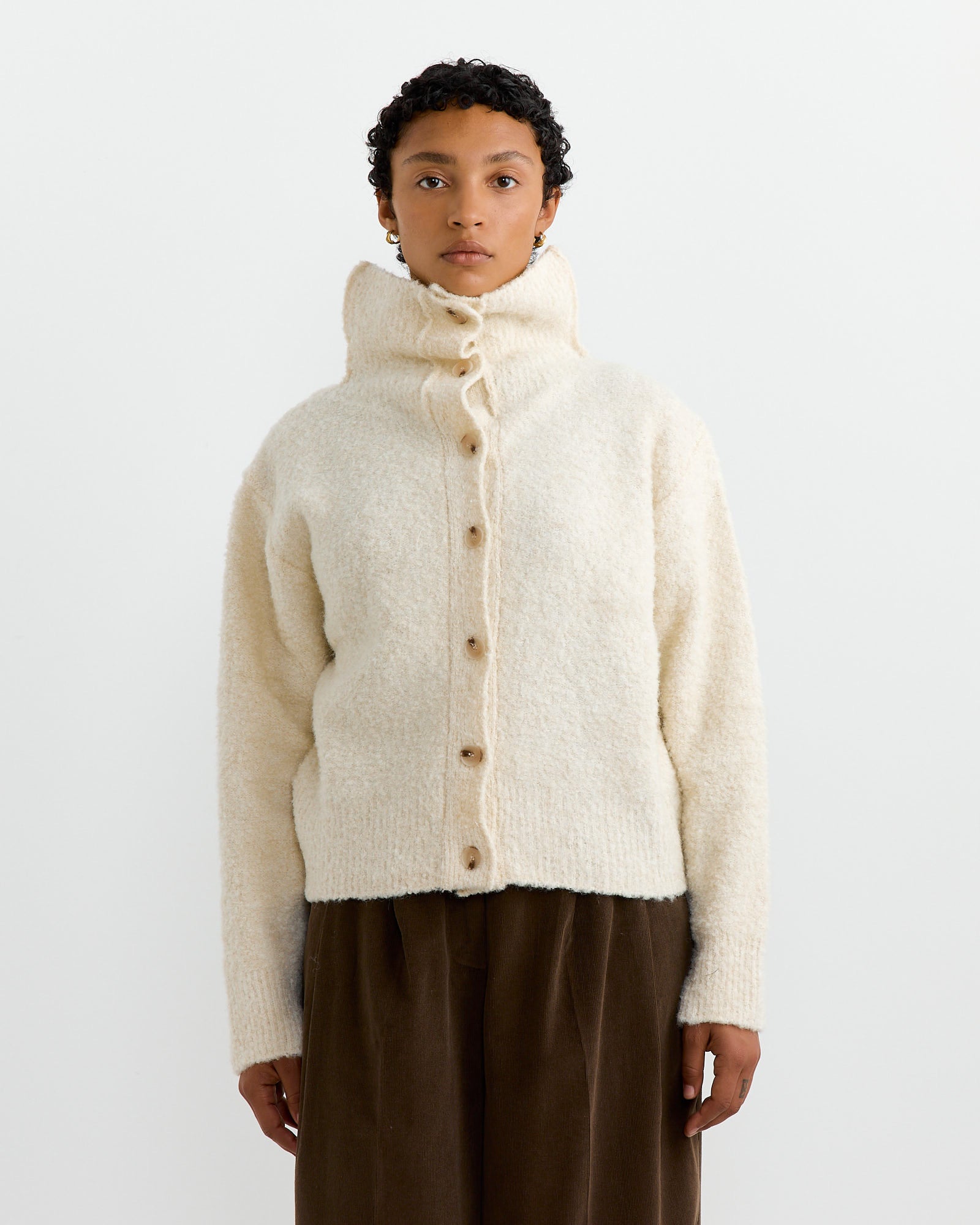 Spread Collar Boucle Cardigan in Cream