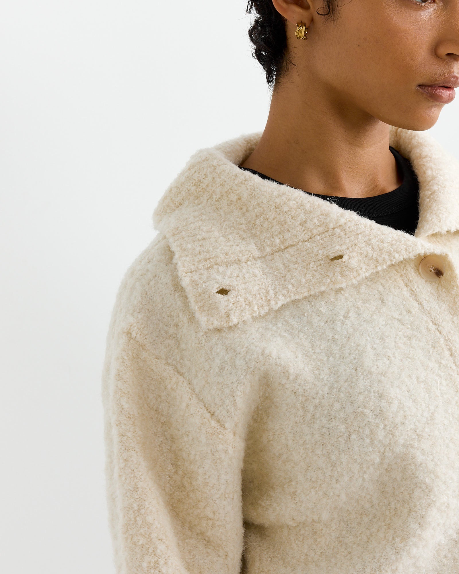 Spread Collar Boucle Cardigan in Cream