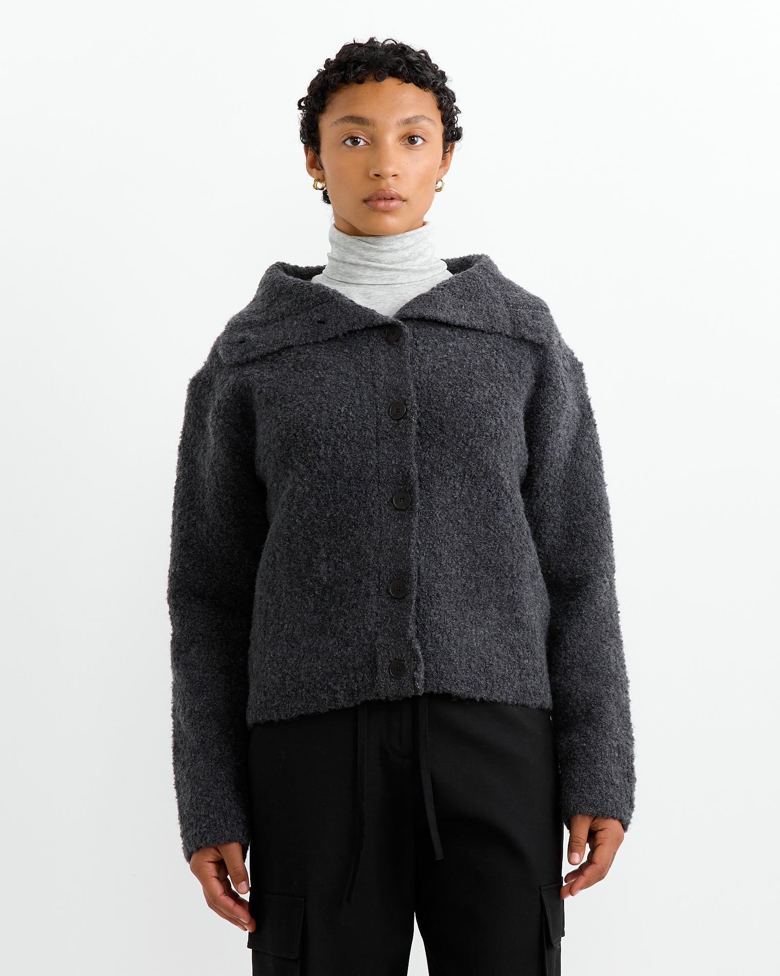 Spread Collar Boucle Cardigan in Charcoal