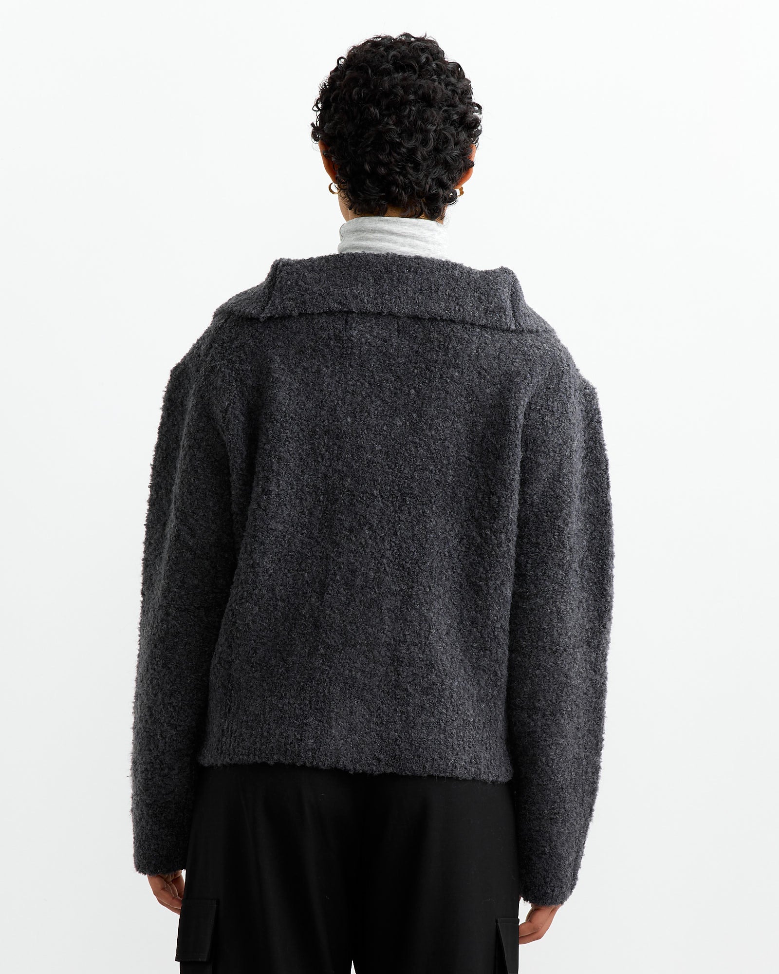 Spread Collar Boucle Cardigan in Charcoal