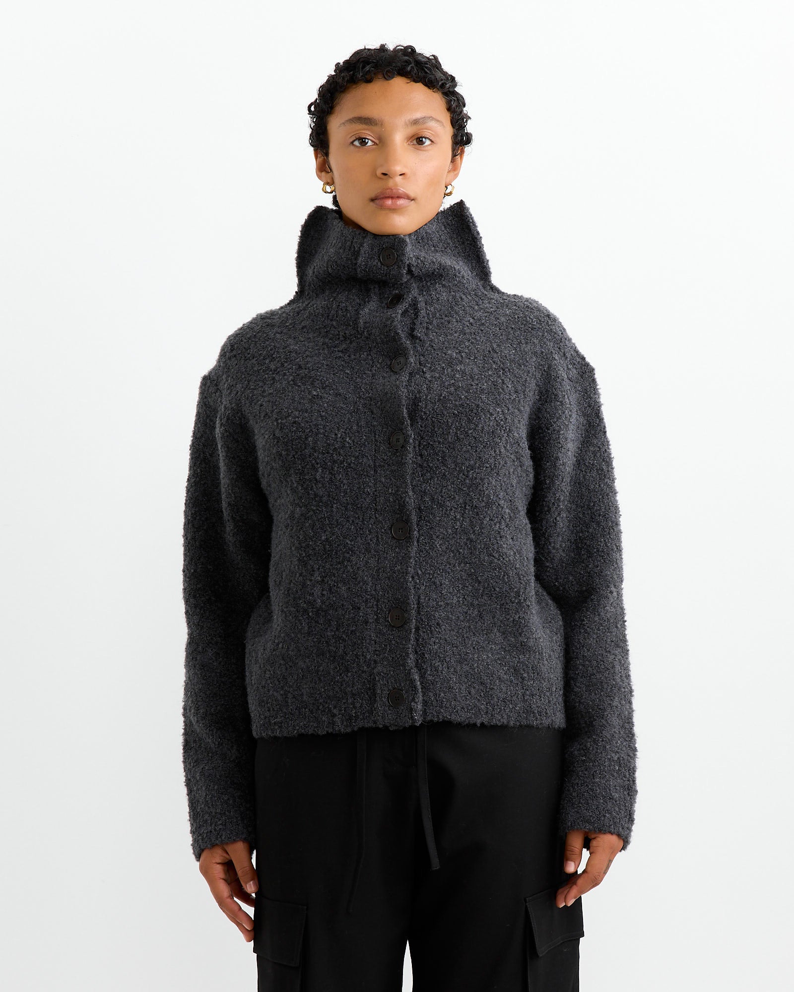 Spread Collar Boucle Cardigan in Charcoal