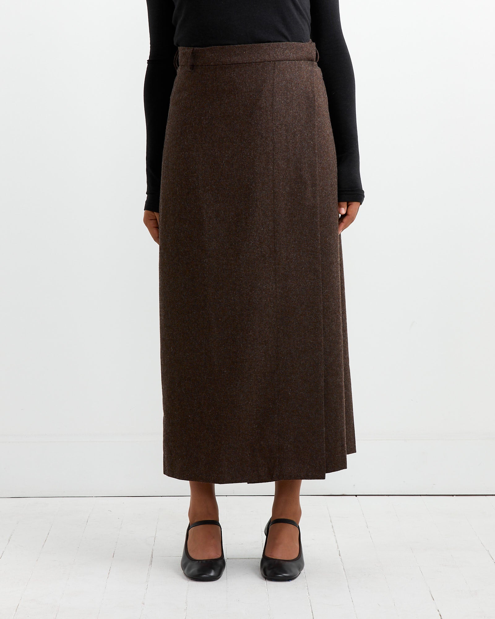 Wool Blend Maxi Wrap Skirt in Brown