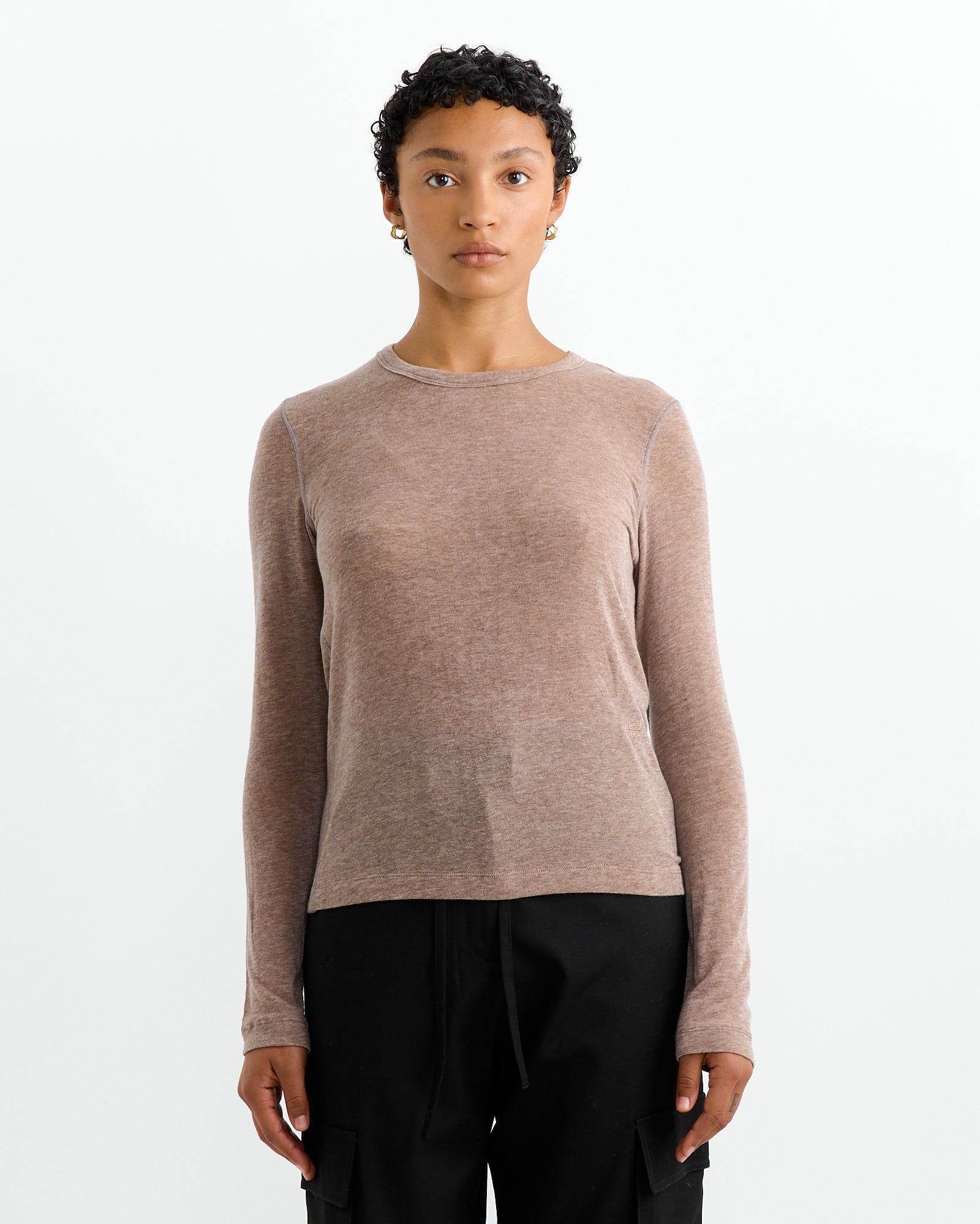 Wool Tencel Crewneck Top in Light Heather Brown