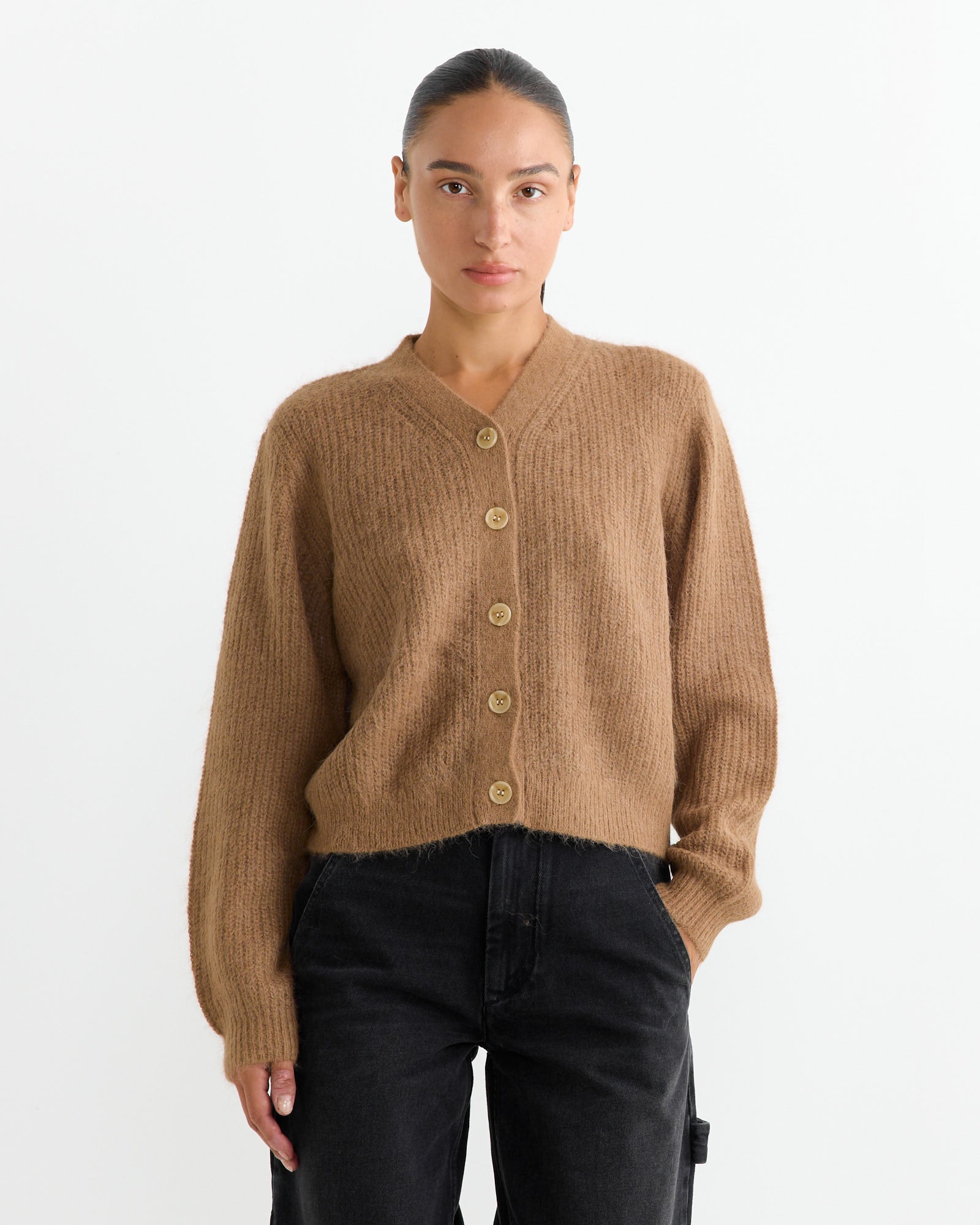 Nia Shrunken Cardigan in Camel