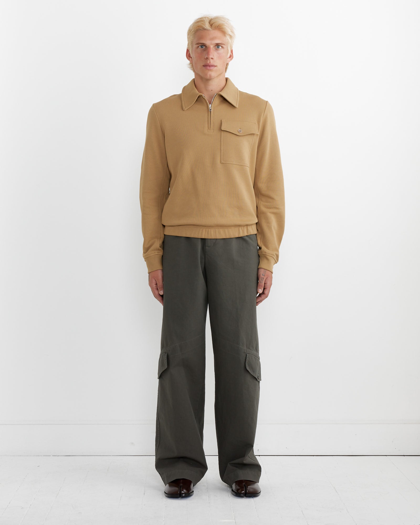 Quarter-Zip Polo Sweater in Beige